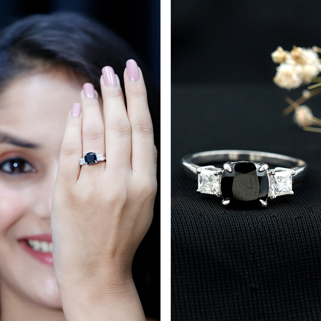 Cushion Cut Black Spinel Solitaire Engagement Ring with Moissanite