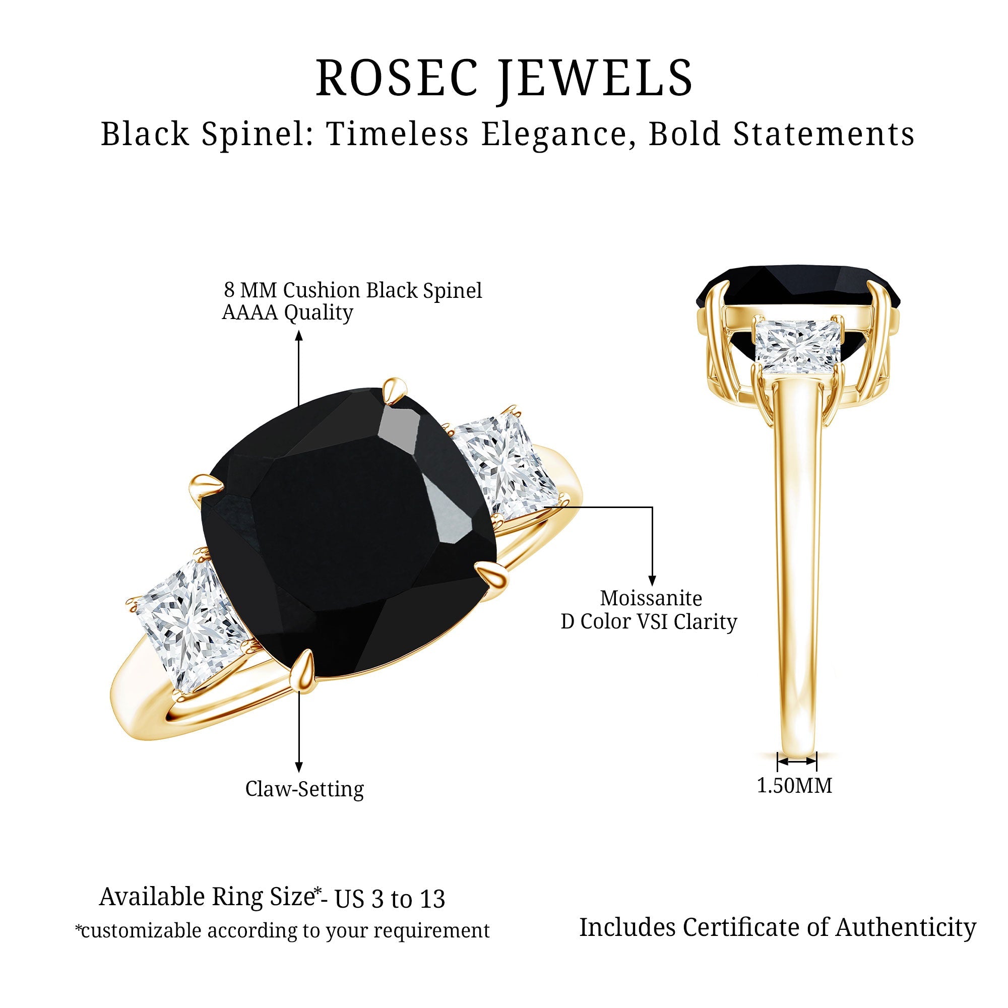 Cushion Cut Black Spinel Solitaire Engagement Ring with Moissanite