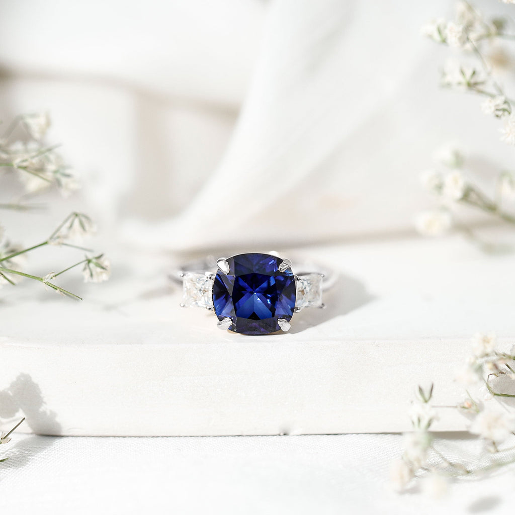Certified 5.98 Carat Lab Grown Blue Sapphire Big Engagement Ring with Moissanite