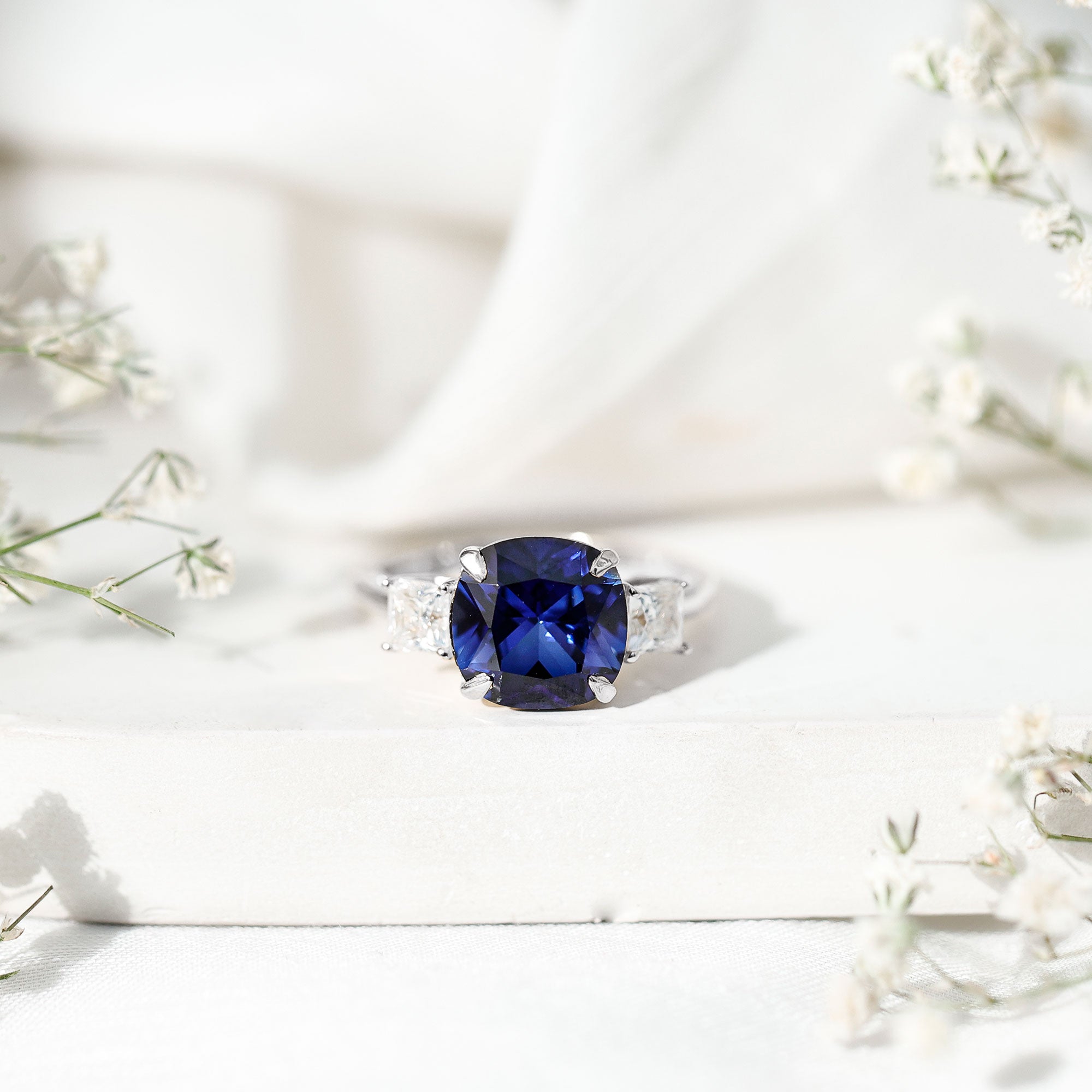 Certified 5.98 Carat Lab Grown Blue Sapphire Big Engagement Ring with Moissanite