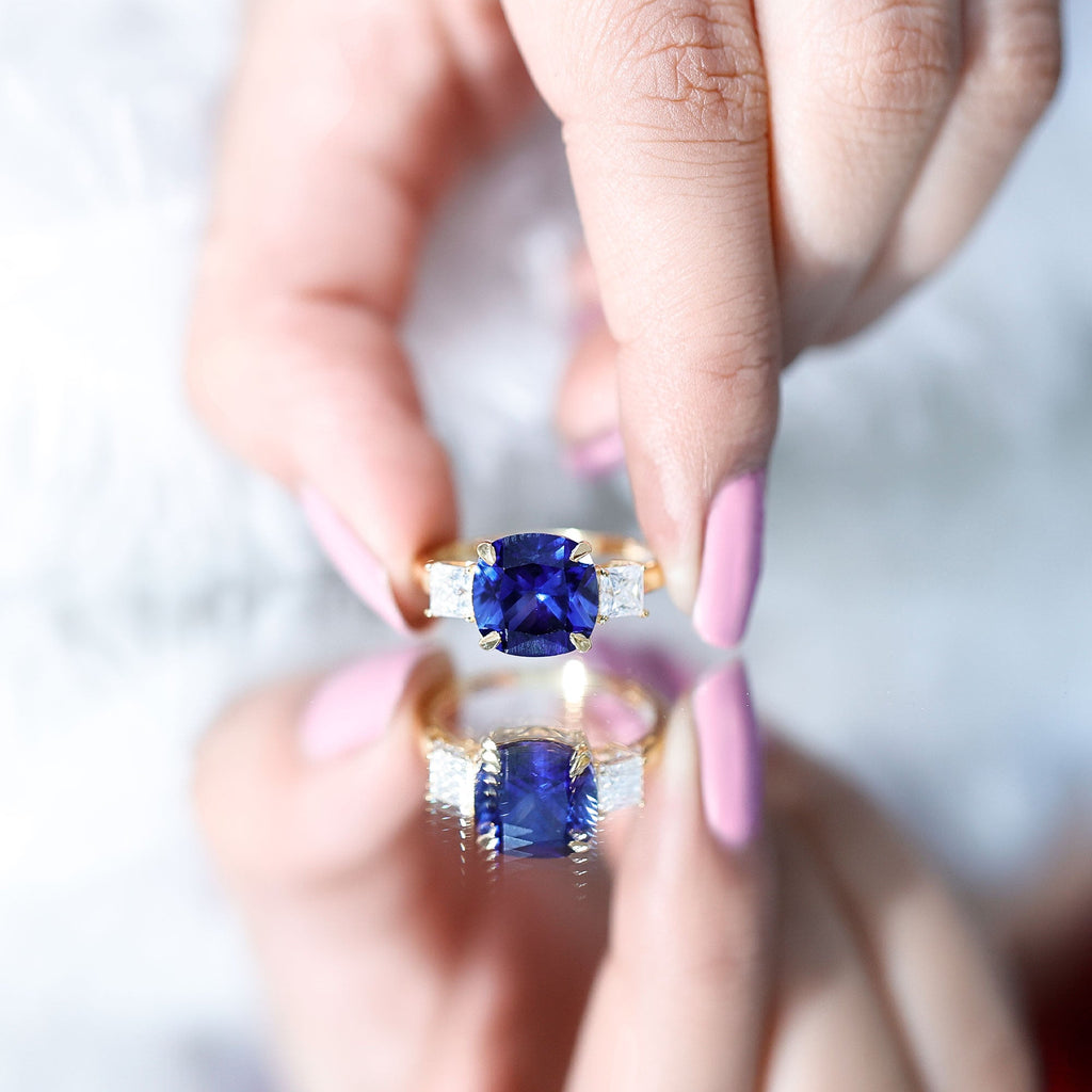 Certified 5.98 Carat Lab Grown Blue Sapphire Big Engagement Ring with Moissanite