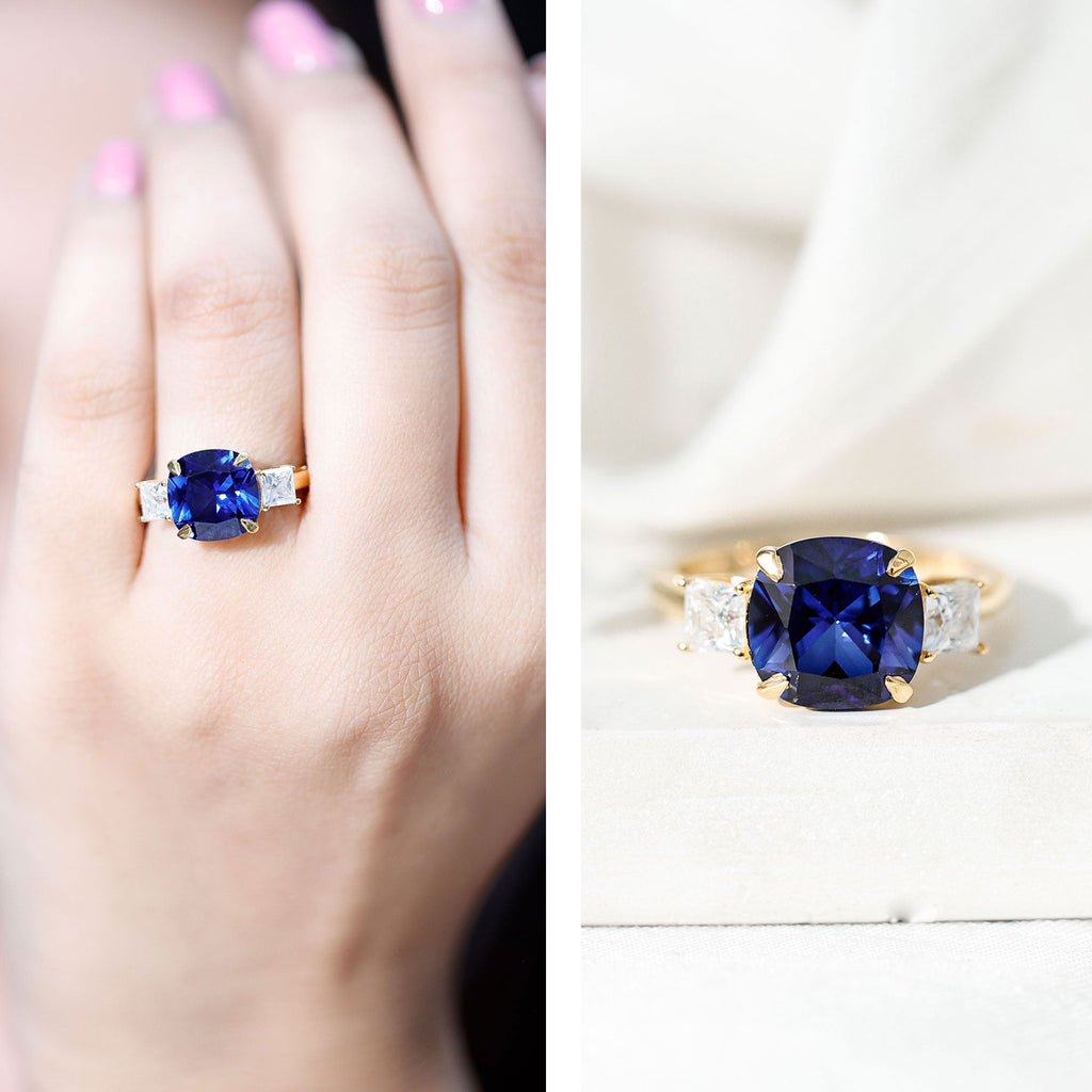Certified 5.98 Carat Lab Grown Blue Sapphire Big Engagement Ring with Moissanite