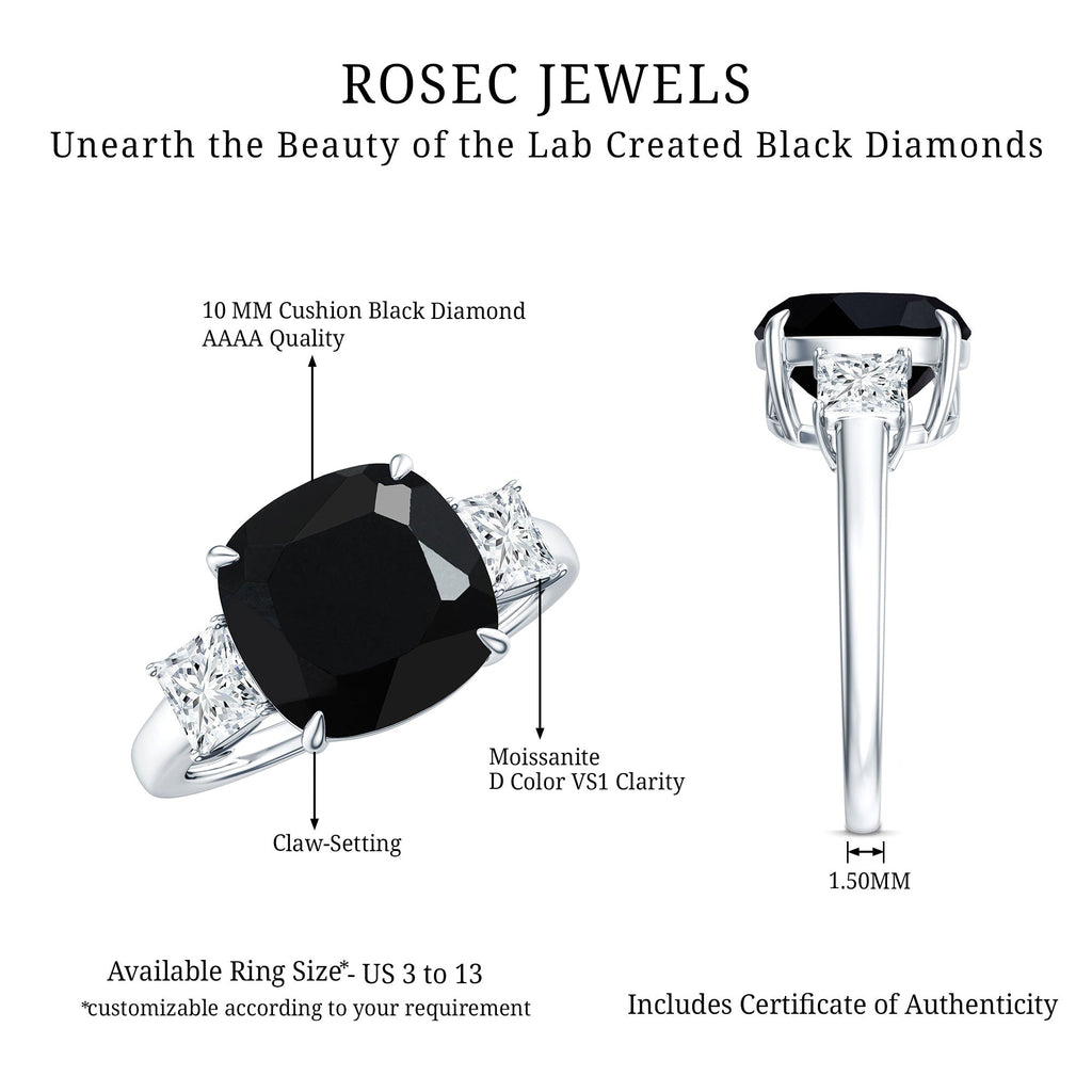 3.8 Carat Cushion Cut Lab Grown Black Diamond Three Engagement Ring with Moissanite