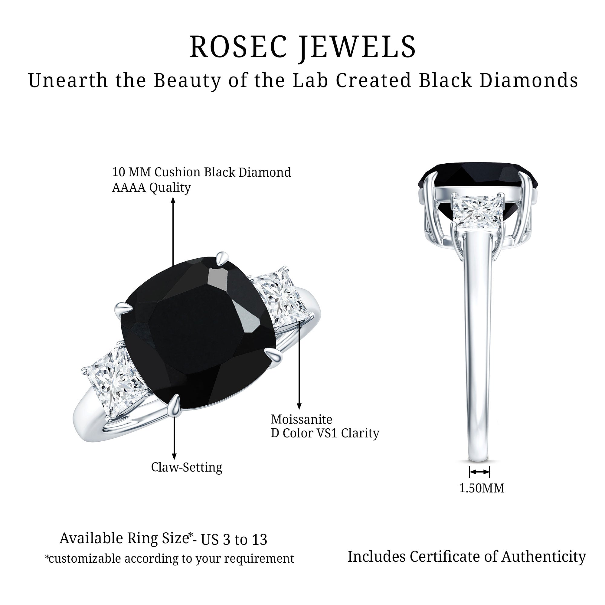3.8 Carat Cushion Cut Lab Grown Black Diamond Three Engagement Ring with Moissanite