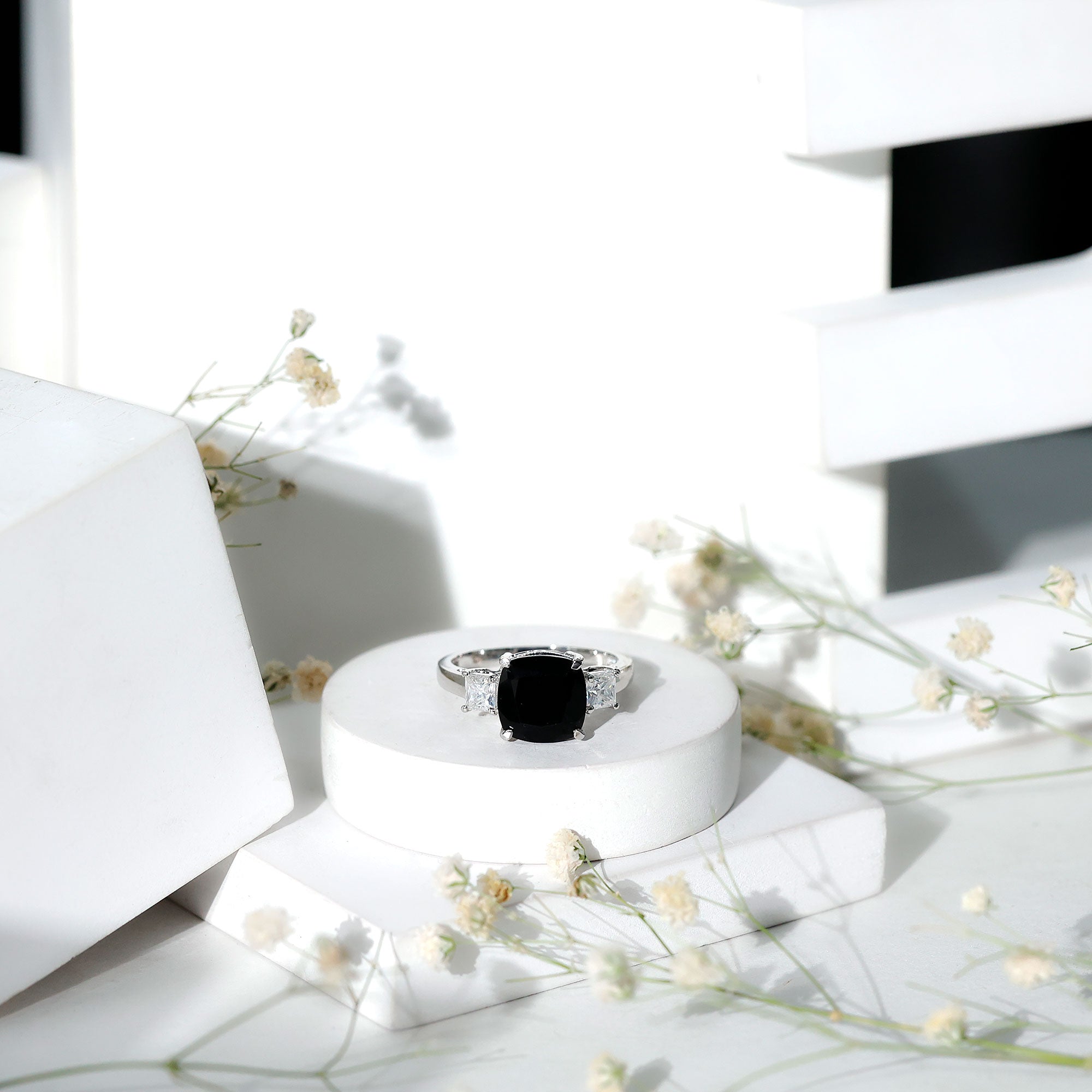 3.8 Carat Cushion Cut Lab Grown Black Diamond Three Engagement Ring with Moissanite