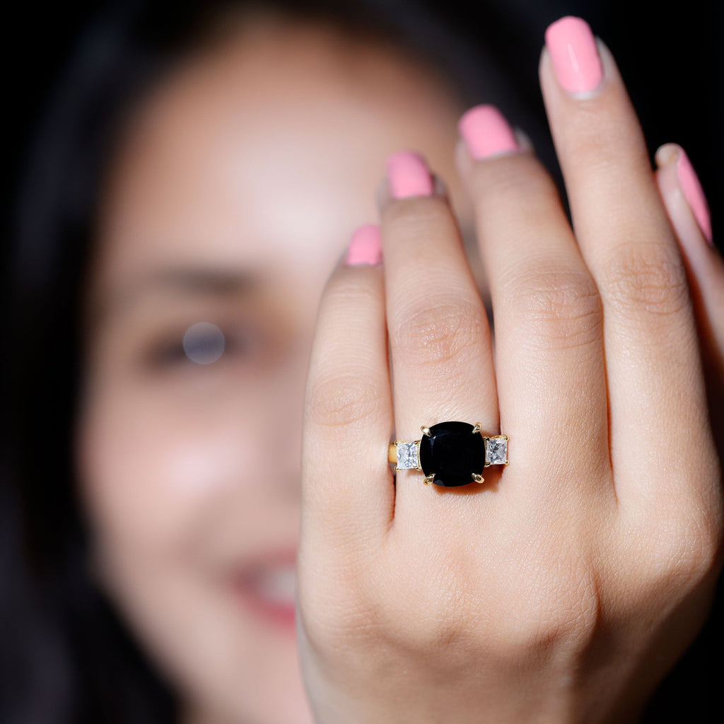 3.8 Carat Cushion Cut Lab Grown Black Diamond Three Engagement Ring with Moissanite