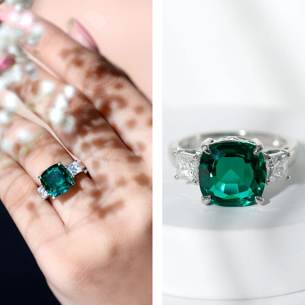 Lab Grown Emerald Cushion Engagement Ring with Moissanite