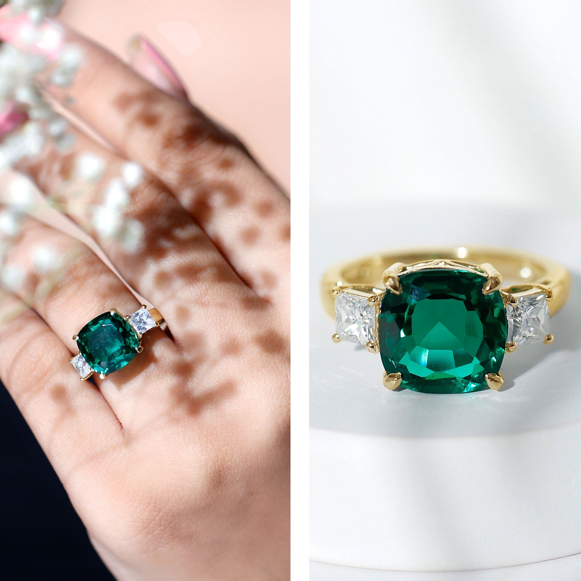 Lab Grown Emerald Cushion Engagement Ring with Moissanite