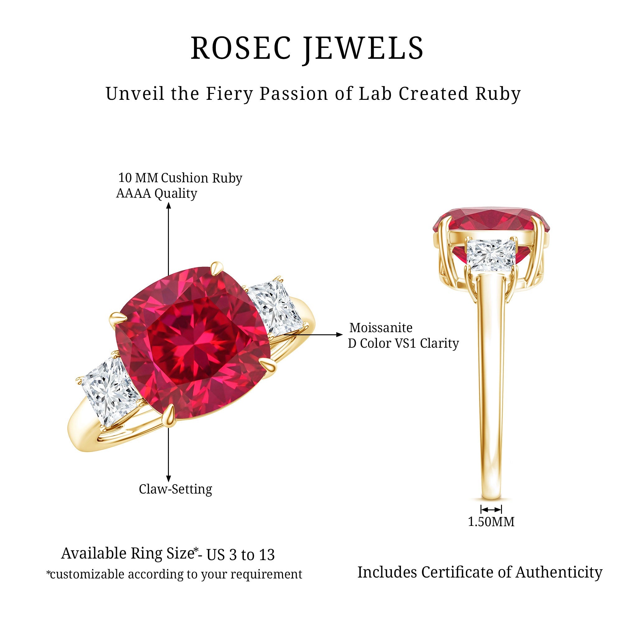 Lab Created Ruby Cushion Engagement Ring with Moissanite