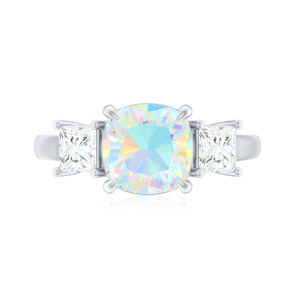 1.8 Carat Genuine Cushion Cut Ethiopian Opal 3 Stone Engagement Ring with Moissanite