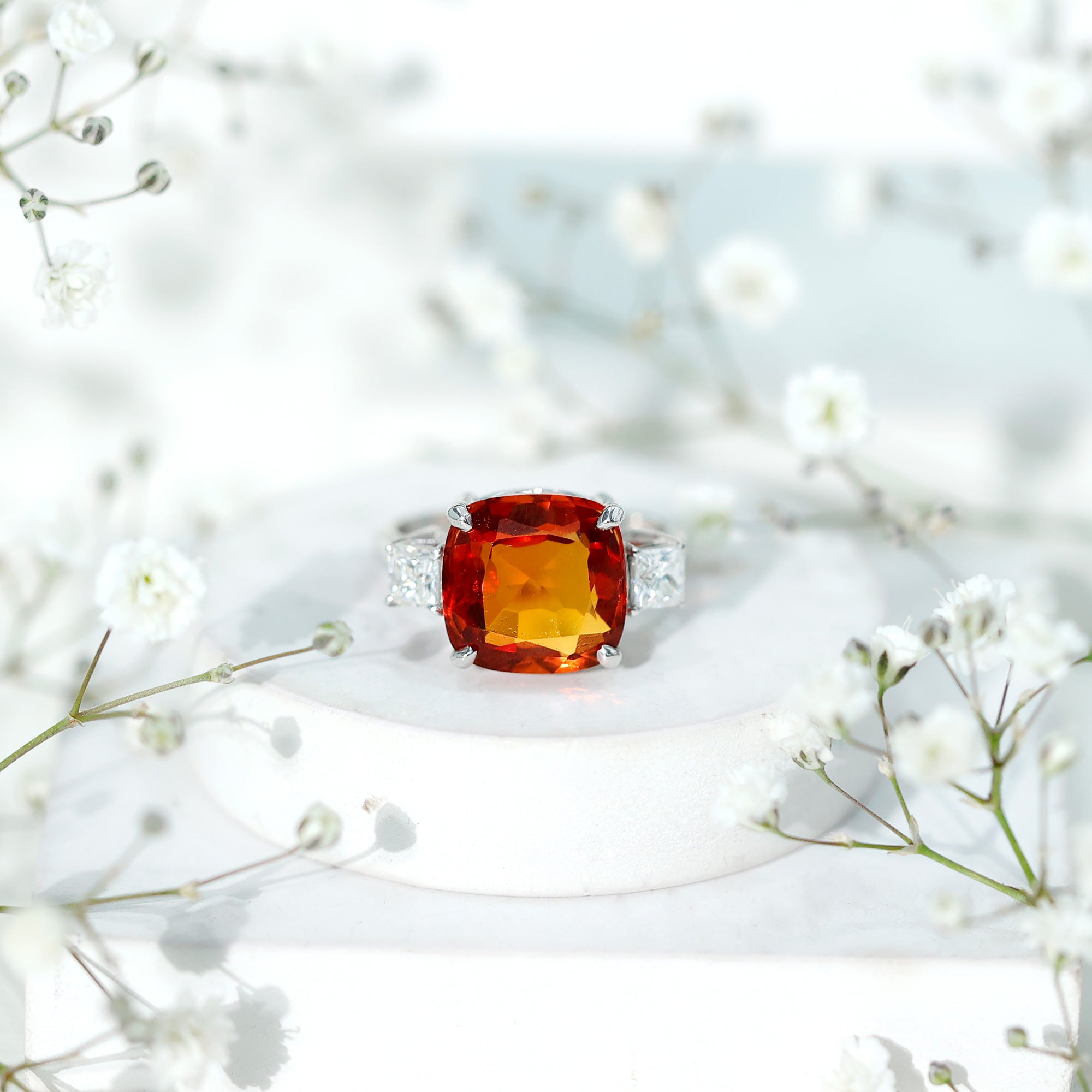 9 Carat Cushion Cut Lab Grown Orange Sapphire 3 Stone Engagement Ring