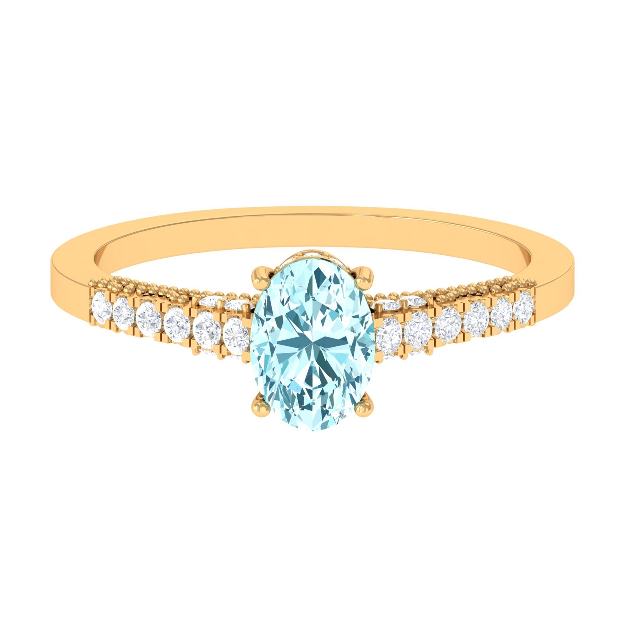 1 Carat Genuine Aquamarine Oval Engagement Ring with Diamond Side Stones