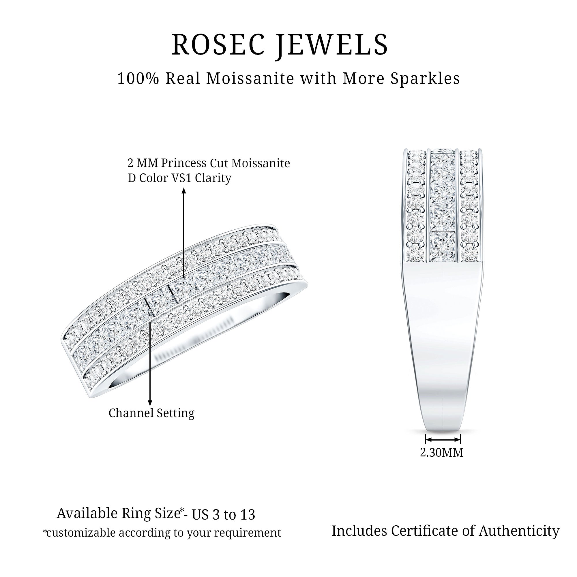 Moissanite 3 Row Eternity Band Ring for Women