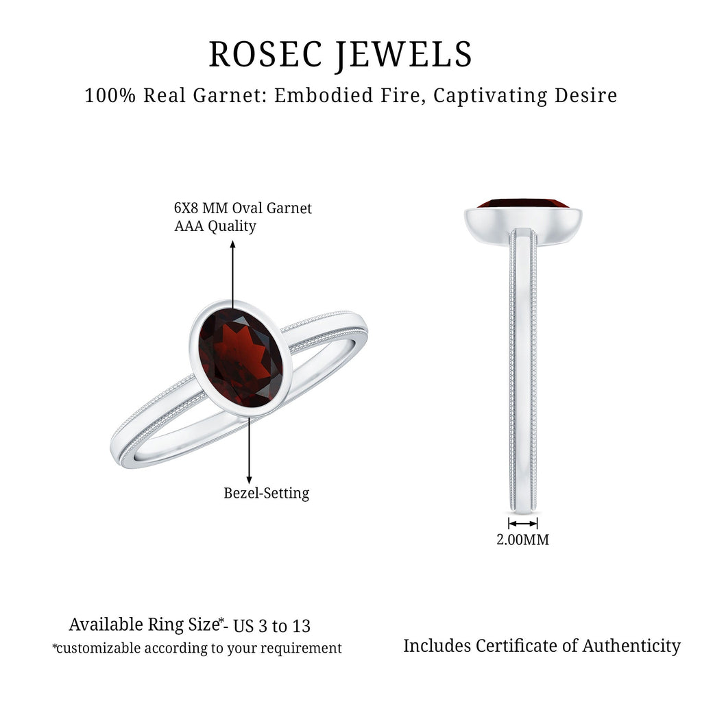 Certified Real Garnet Oval Engagement Ring in Bezel Setting