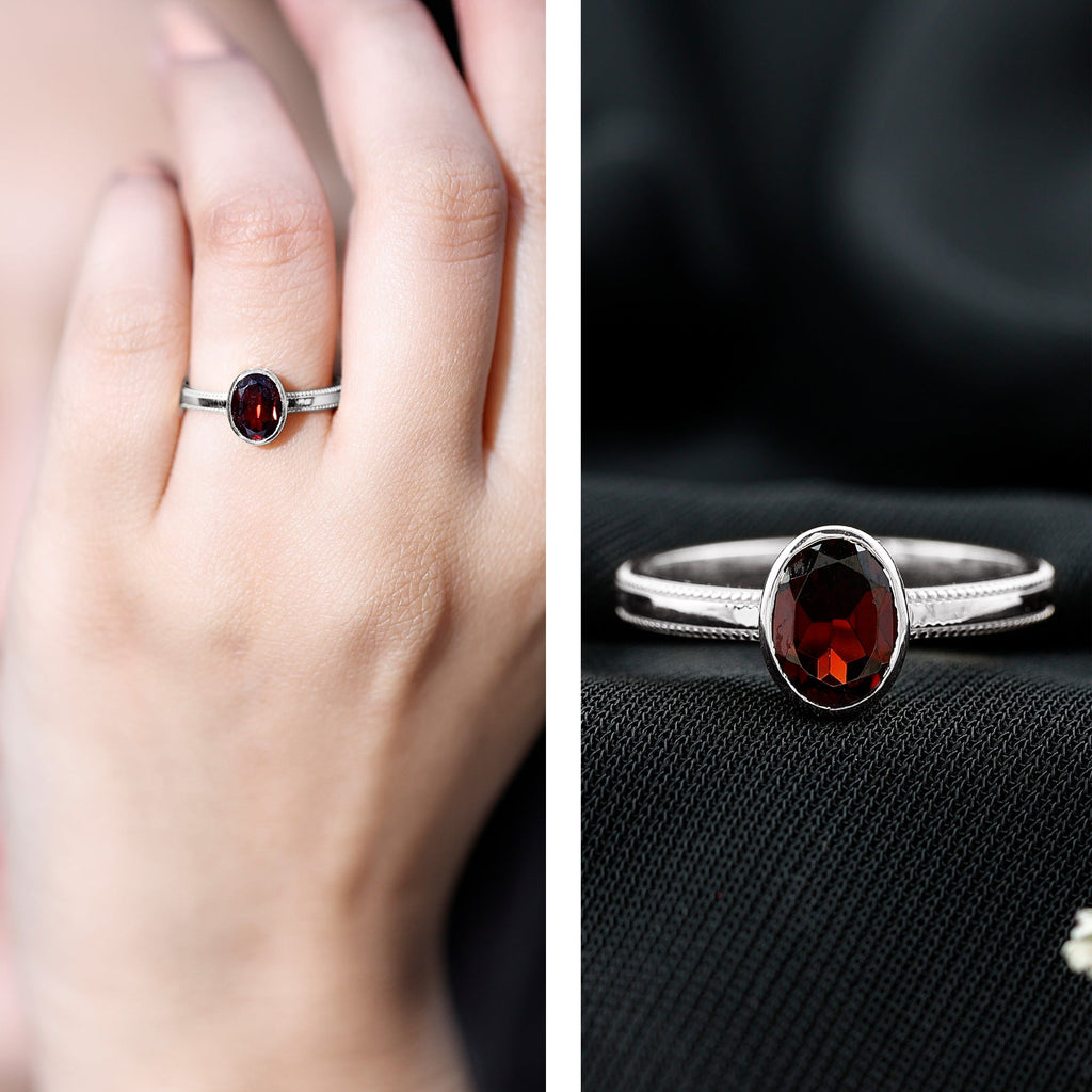 Certified Real Garnet Oval Engagement Ring in Bezel Setting