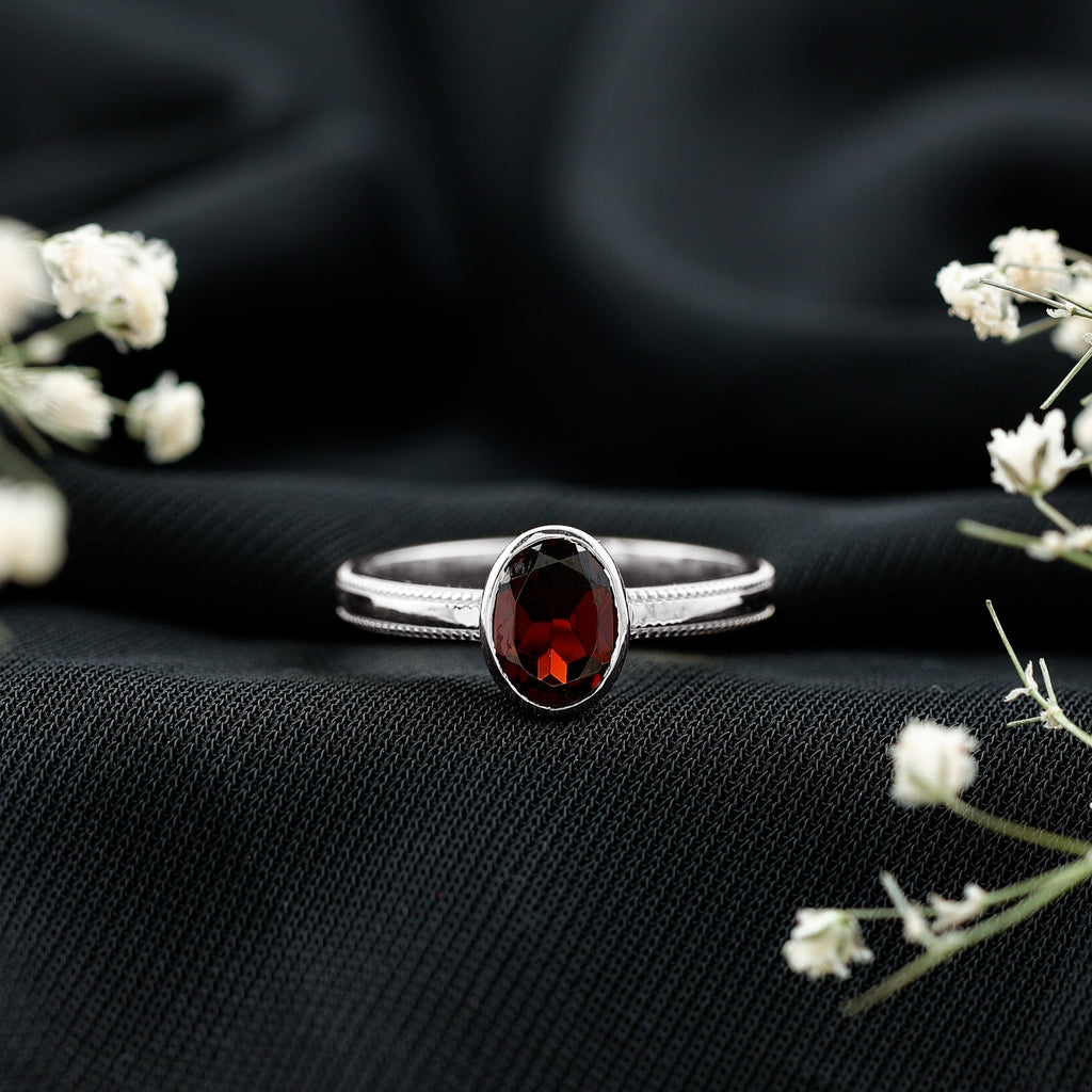 Certified Real Garnet Oval Engagement Ring in Bezel Setting