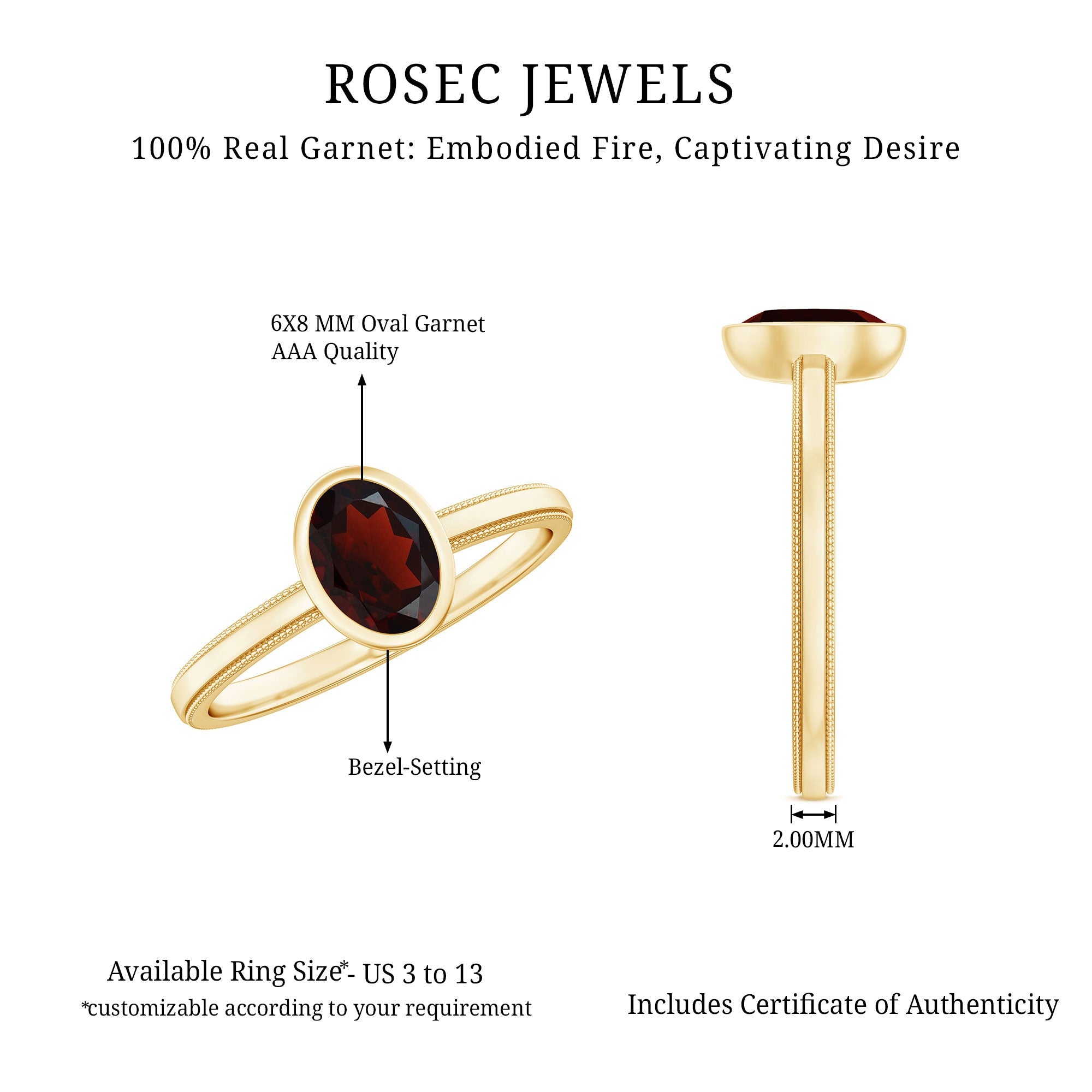 Certified Real Garnet Oval Engagement Ring in Bezel Setting
