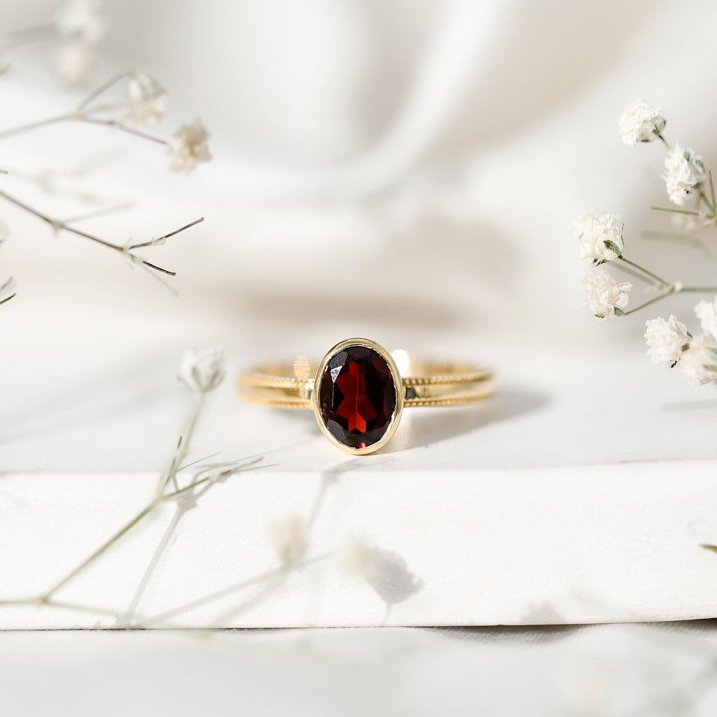 Certified Real Garnet Oval Engagement Ring in Bezel Setting