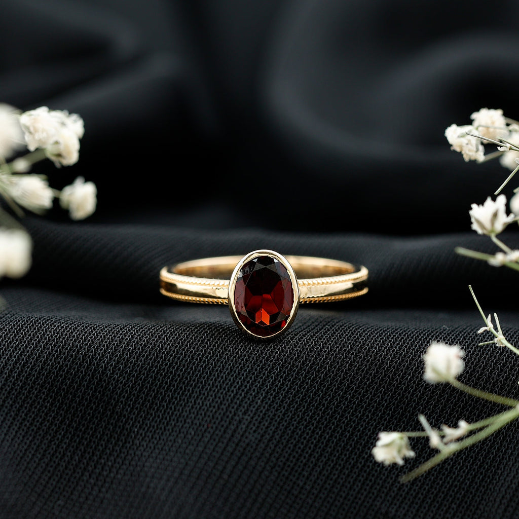 Certified Real Garnet Oval Engagement Ring in Bezel Setting