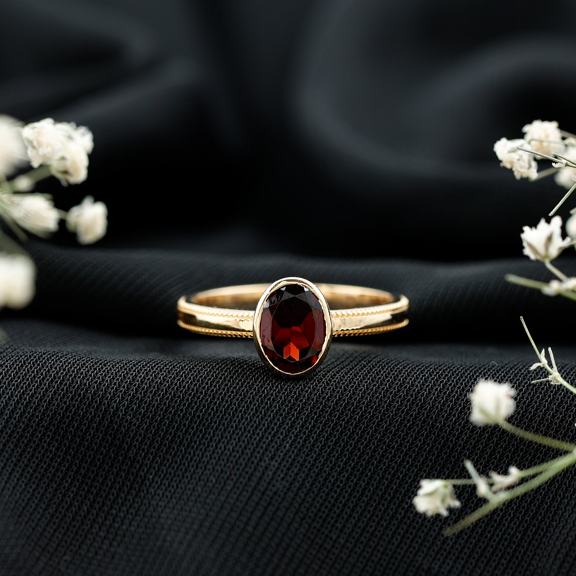 Certified Real Garnet Oval Engagement Ring in Bezel Setting