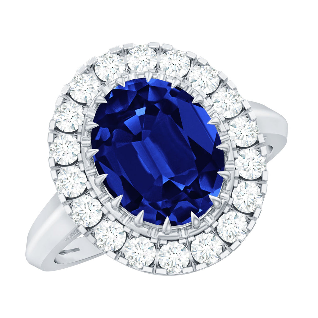 Certified 4 Carat Lab Grown Blue Sapphire Oval Engagement Ring with Diamond Halo