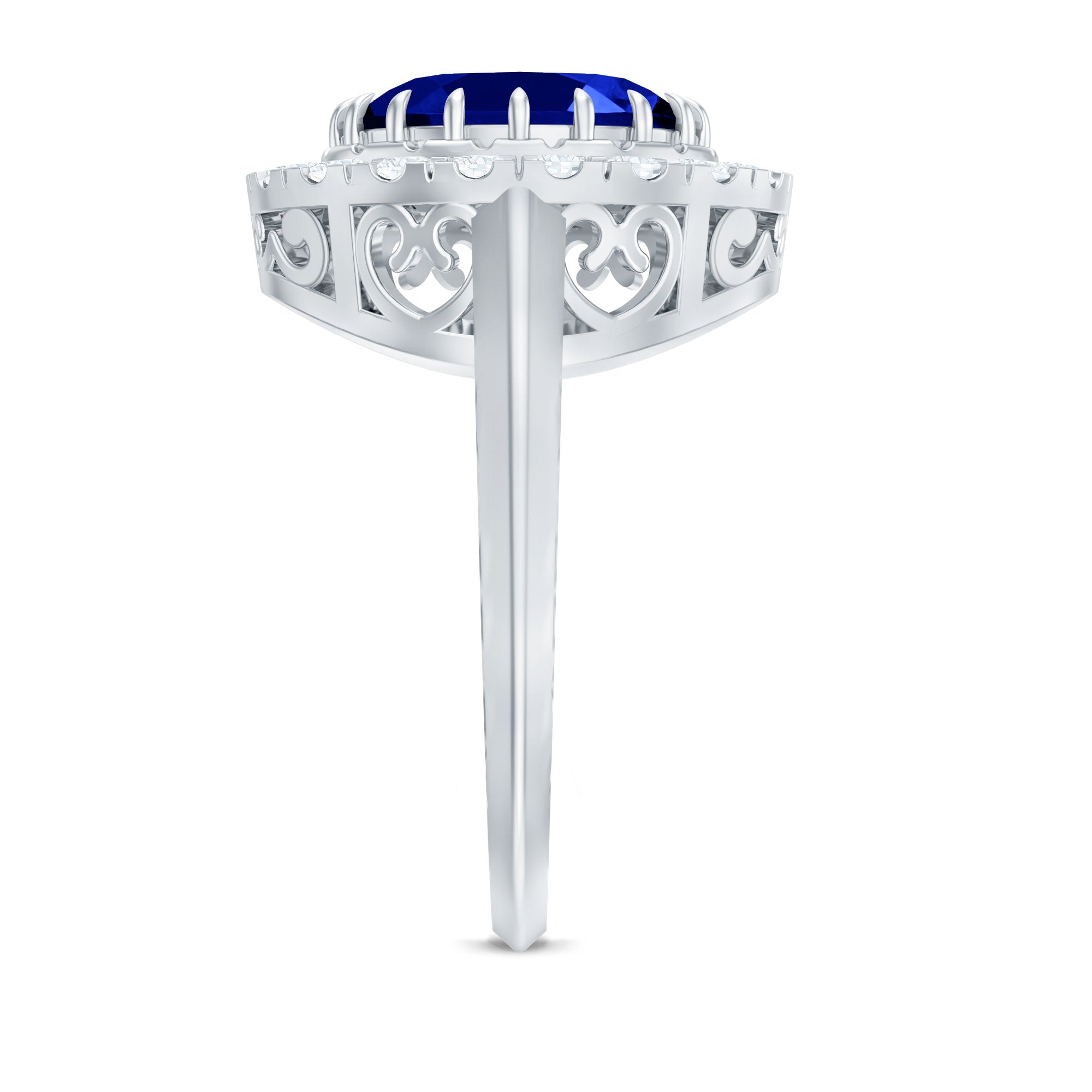 Certified 4 Carat Lab Grown Blue Sapphire Oval Engagement Ring with Diamond Halo