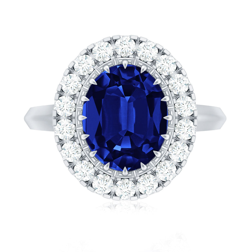Certified 4 Carat Lab Grown Blue Sapphire Oval Engagement Ring with Diamond Halo