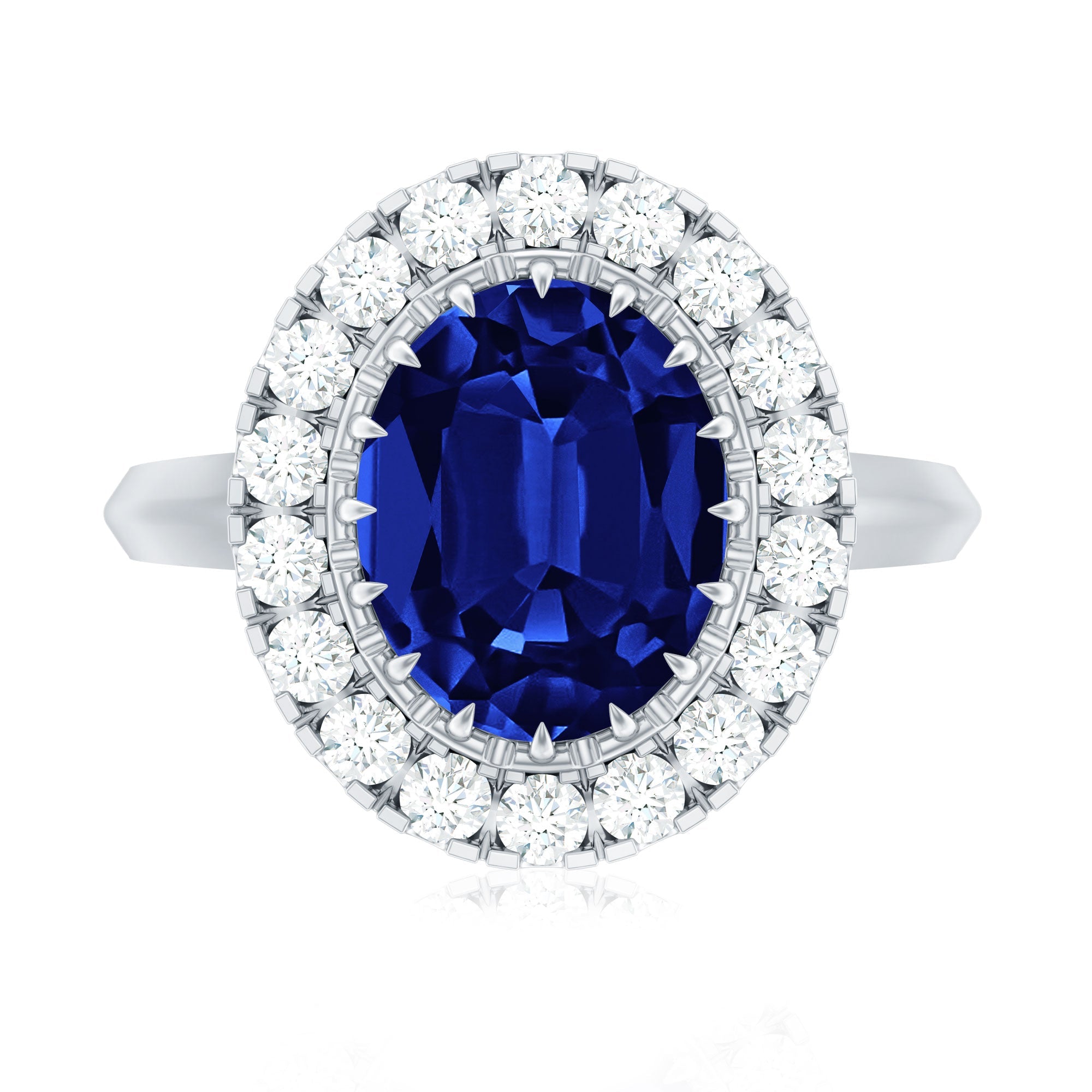 Certified 4 Carat Lab Grown Blue Sapphire Oval Engagement Ring with Diamond Halo
