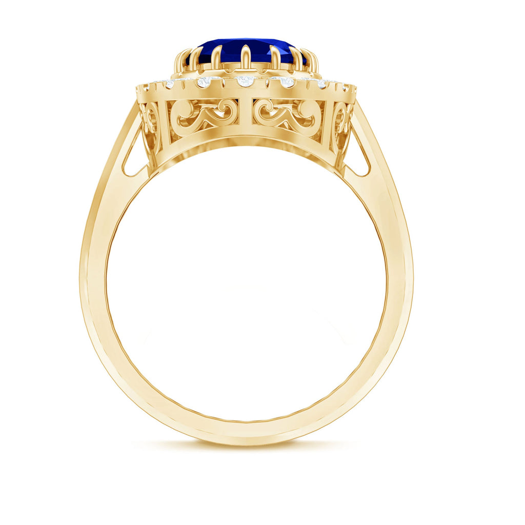 Certified 4 Carat Lab Grown Blue Sapphire Oval Engagement Ring with Diamond Halo