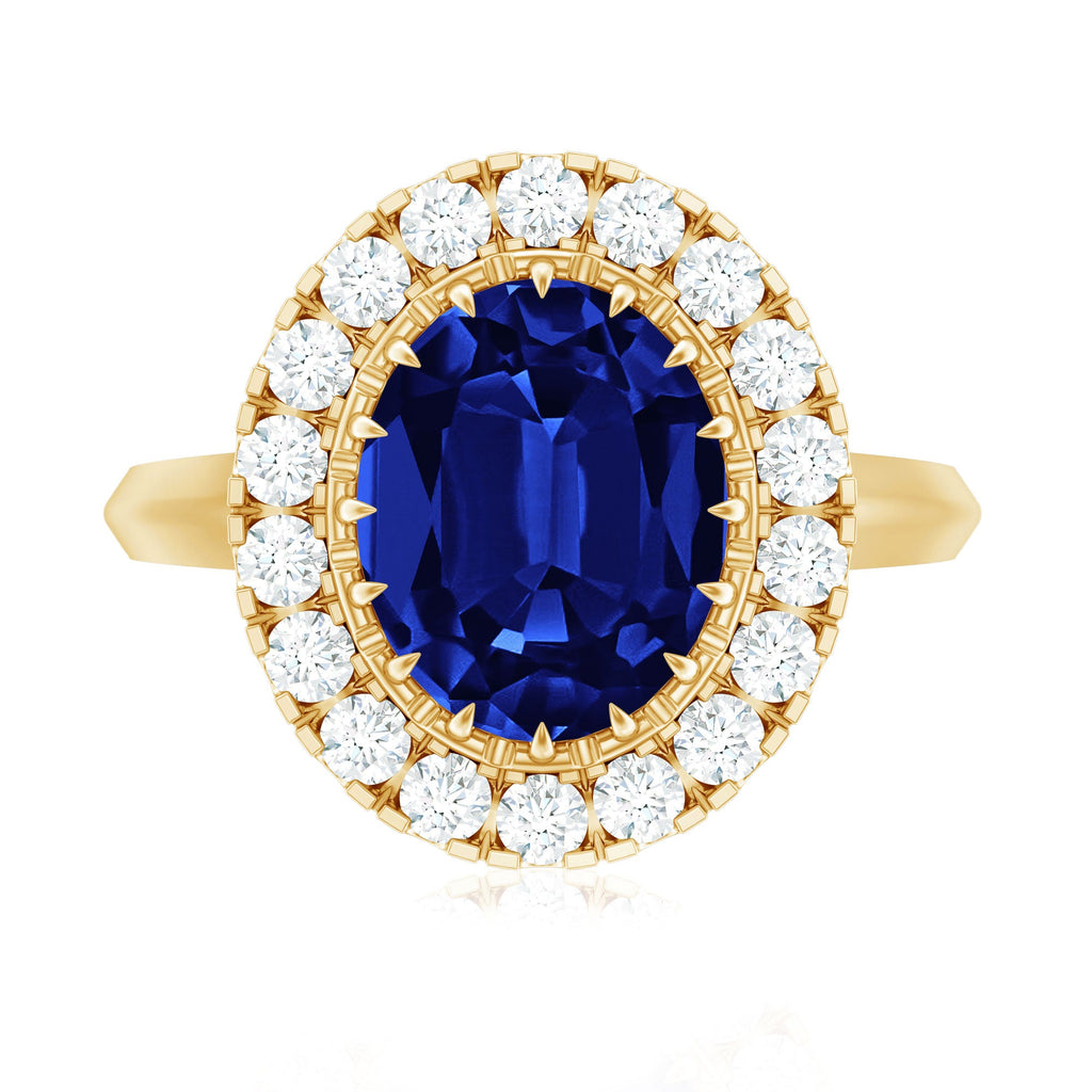 Certified 4 Carat Lab Grown Blue Sapphire Oval Engagement Ring with Diamond Halo