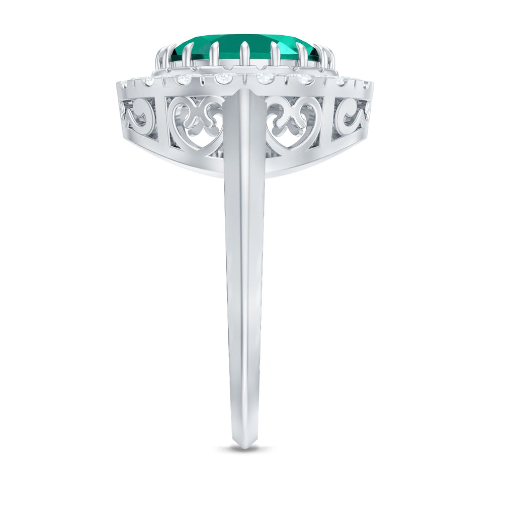 Certified 3 Carat Oval Lab Grown Emerald Vintage Looking Engagement Ring with Halo