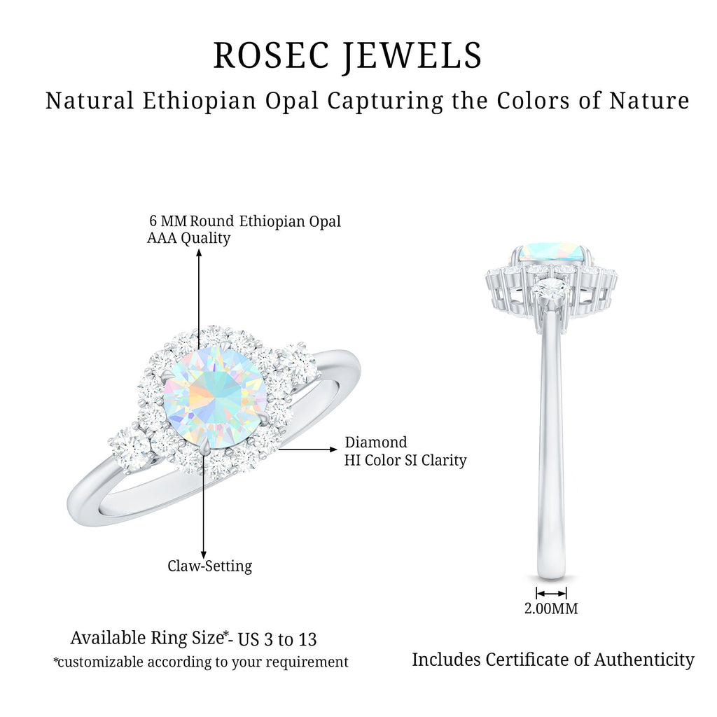 Classic Ethiopian Rainbow Opal Engagement Ring with Diamond Halo