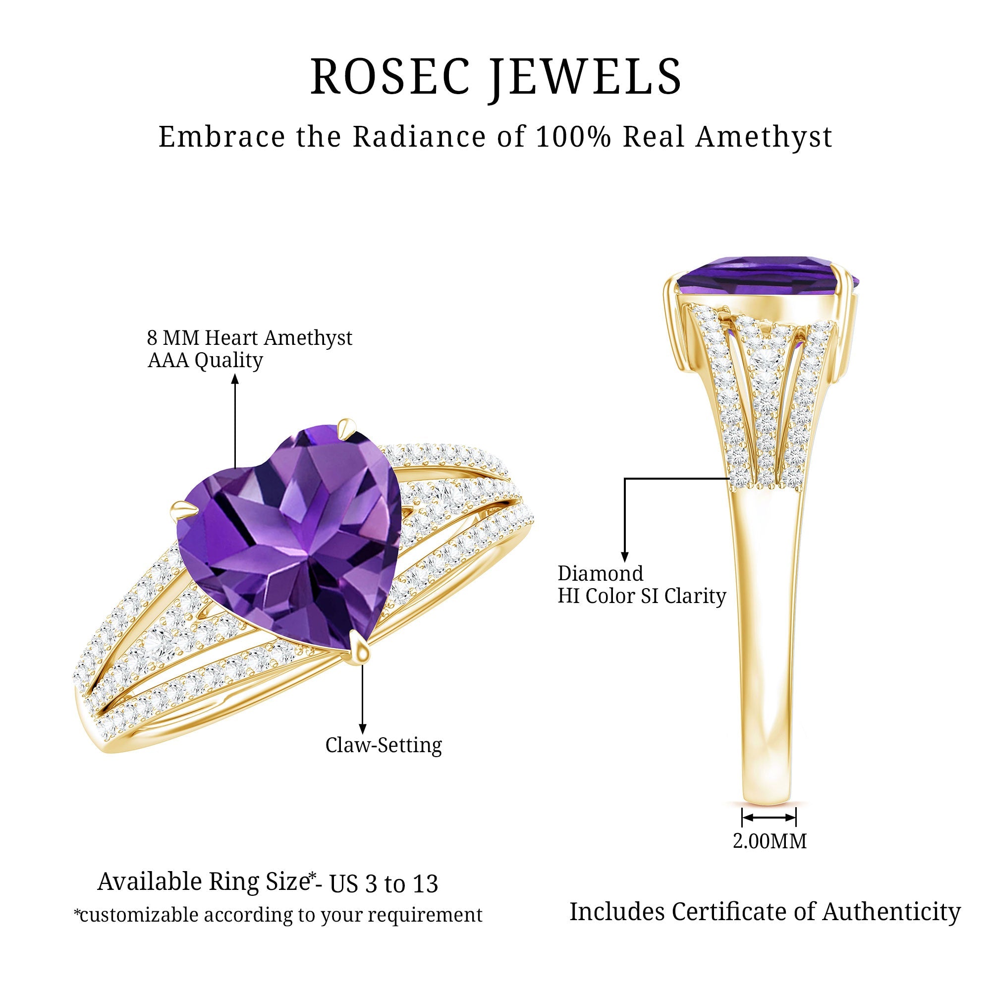 Natural 2 Carat Amethyst Heart Engagement Ring with Diamond Split Shank