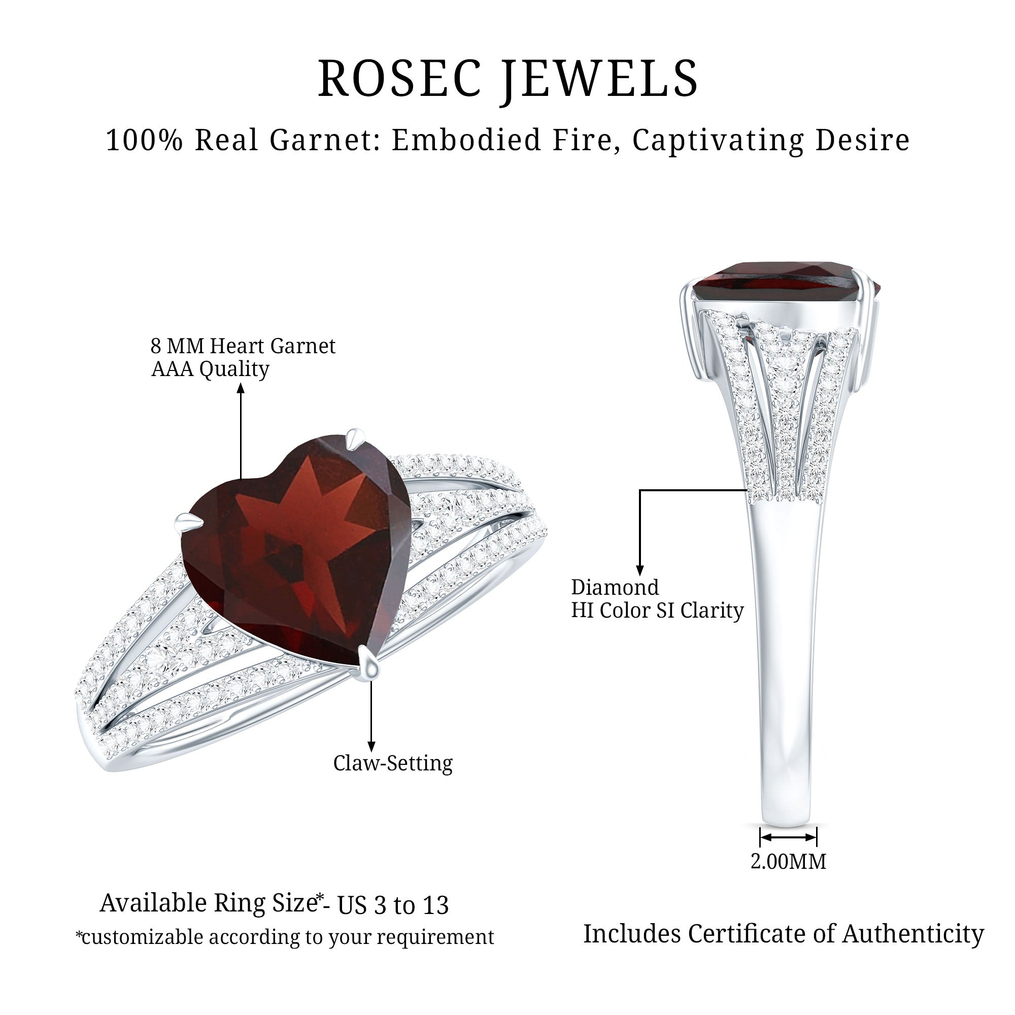 Natural 4 Carat Garnet Heart Engagement Ring with Diamond Split Shank