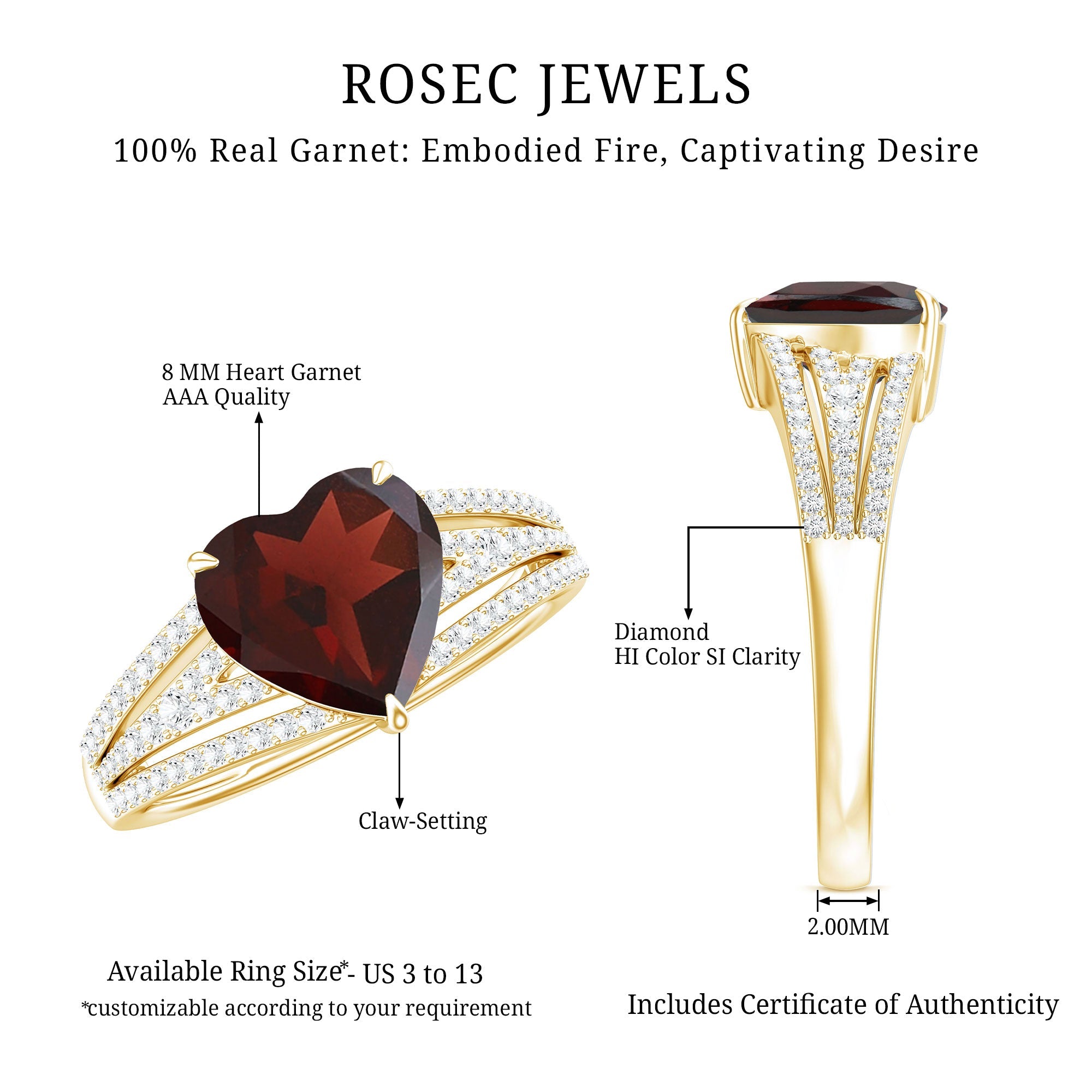 Natural 4 Carat Garnet Heart Engagement Ring with Diamond Split Shank