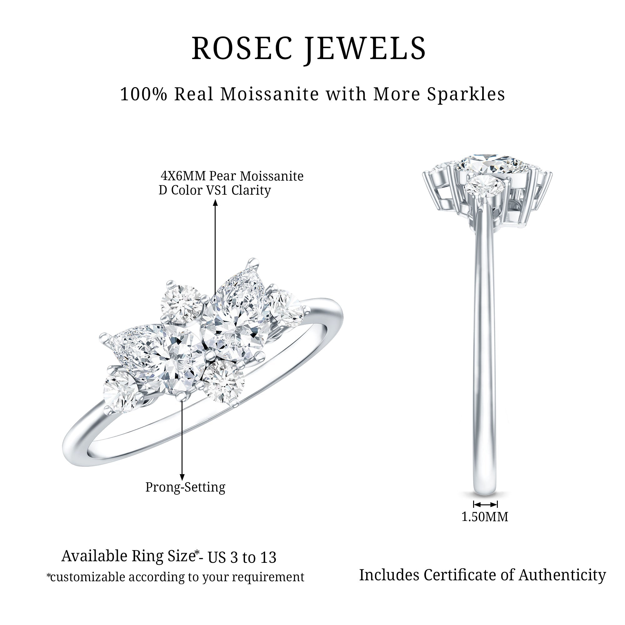 Pear and Round Moissanite Cluster Promise Ring