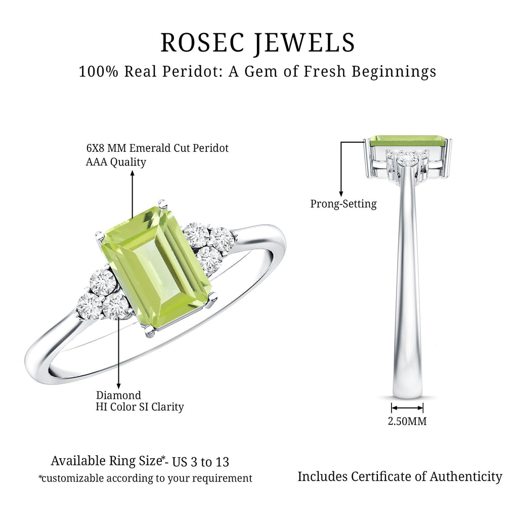Emerald Cut Peridot Engagement Ring with Diamond Trio