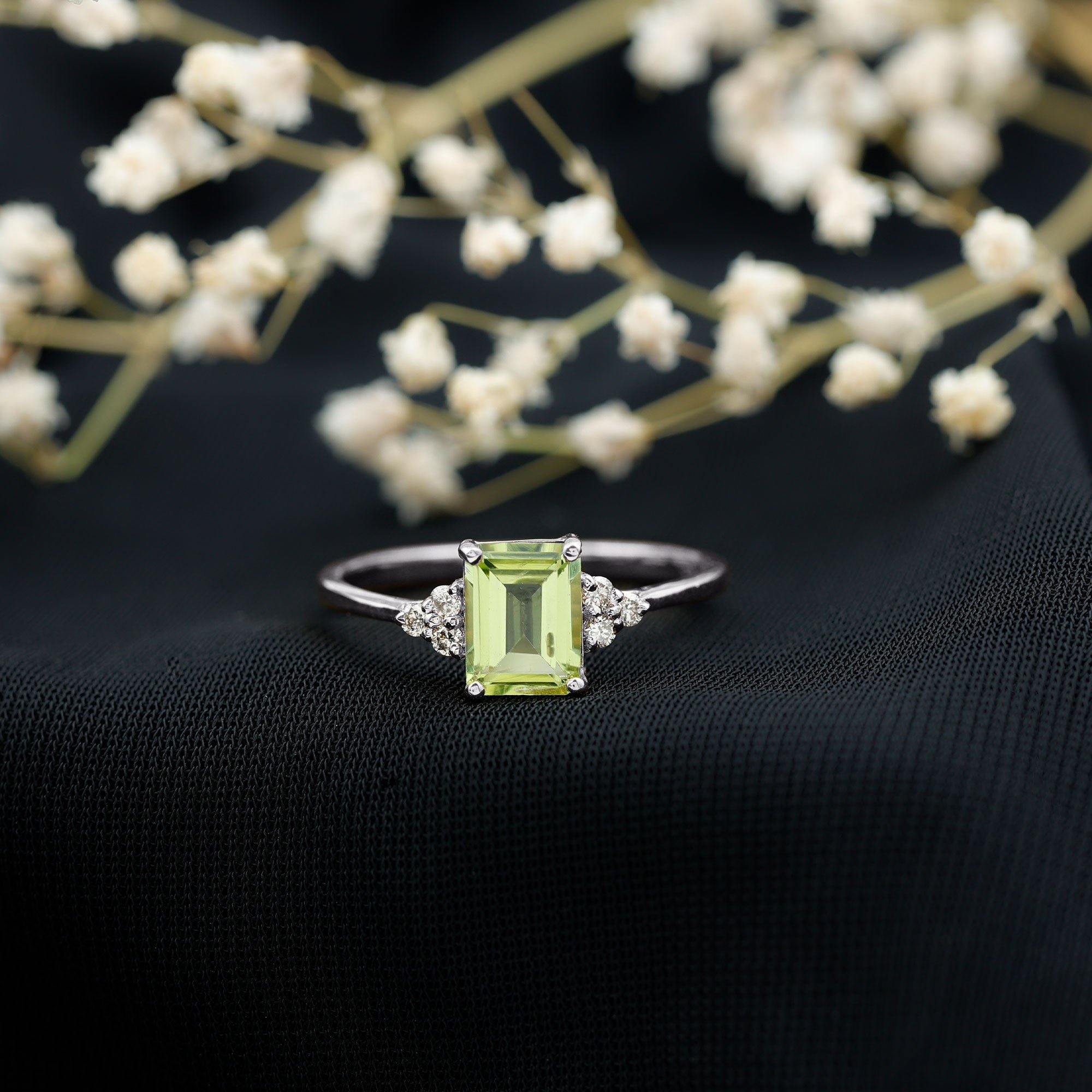 Emerald Cut Peridot Engagement Ring with Diamond Trio