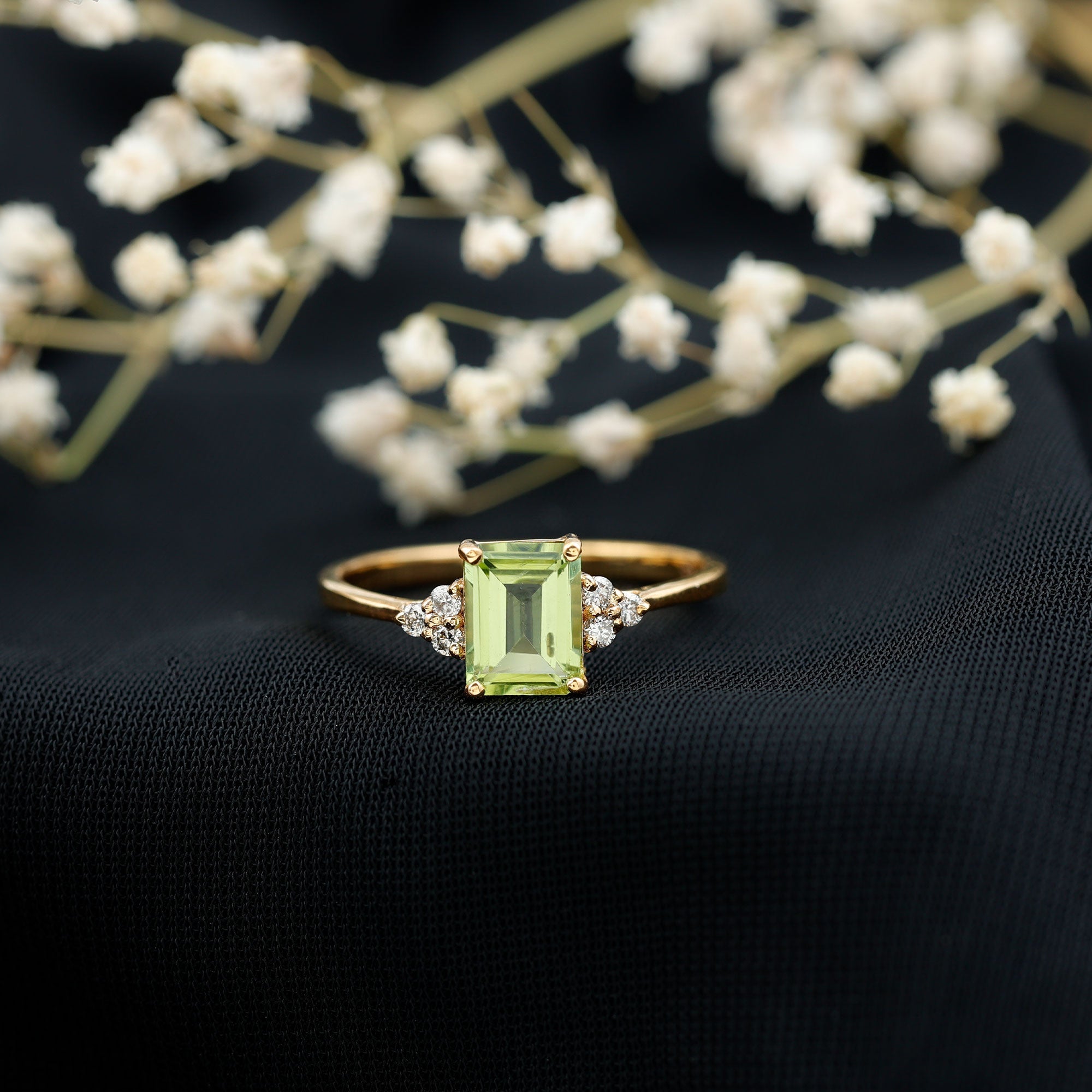 Emerald Cut Peridot Engagement Ring with Diamond Trio