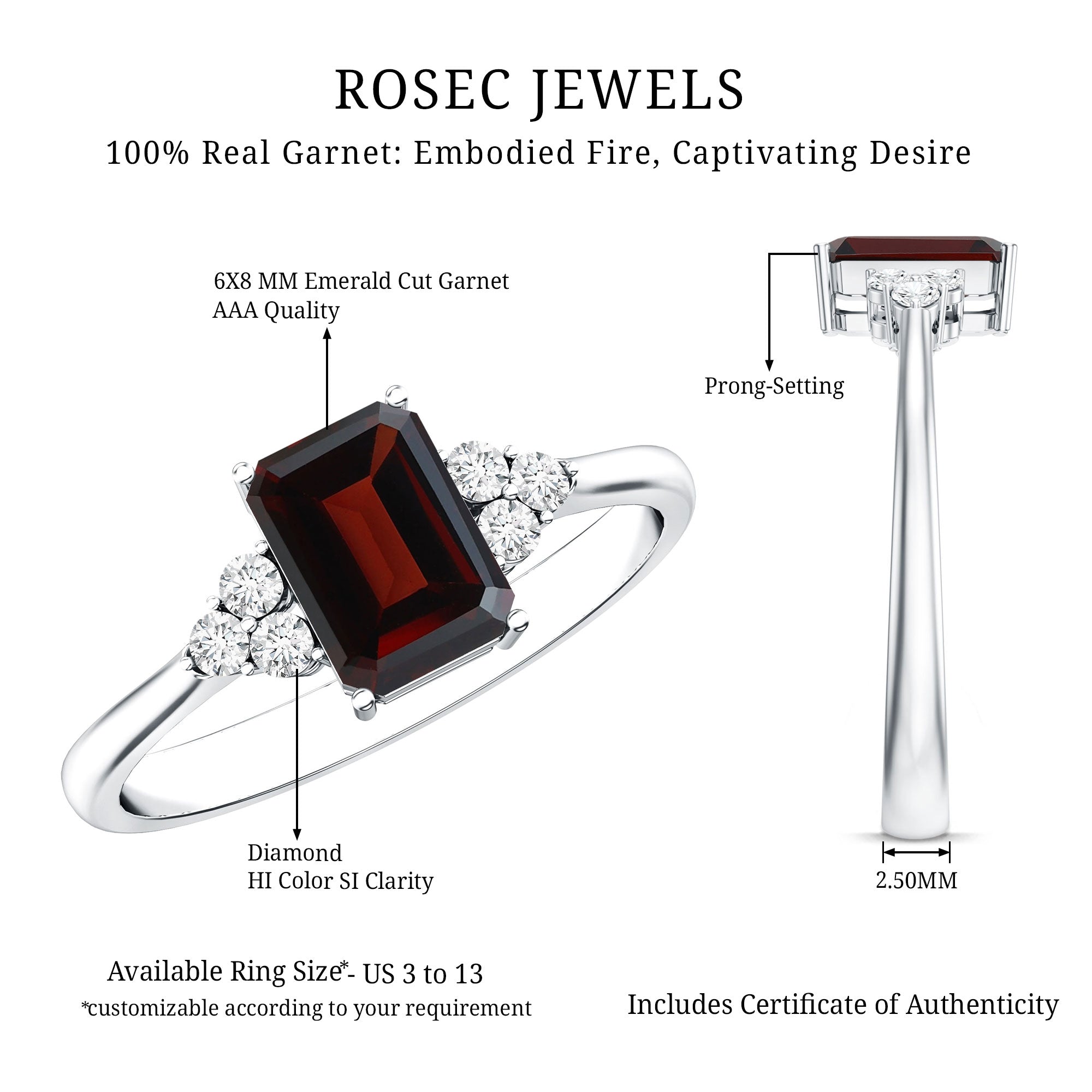 Natural Garnet Emerald Cut Engagement Ring with Diamond Trio