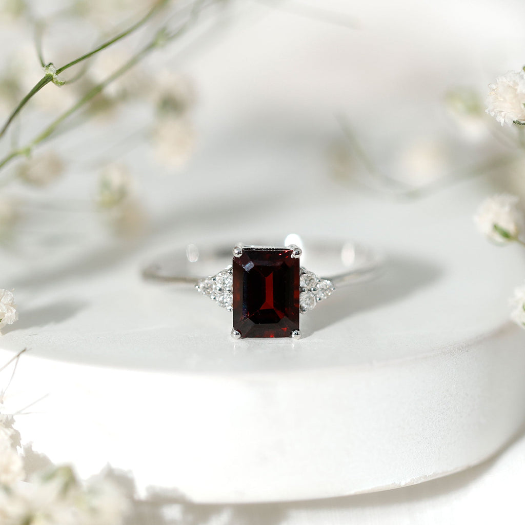 Natural Garnet Emerald Cut Engagement Ring with Diamond Trio