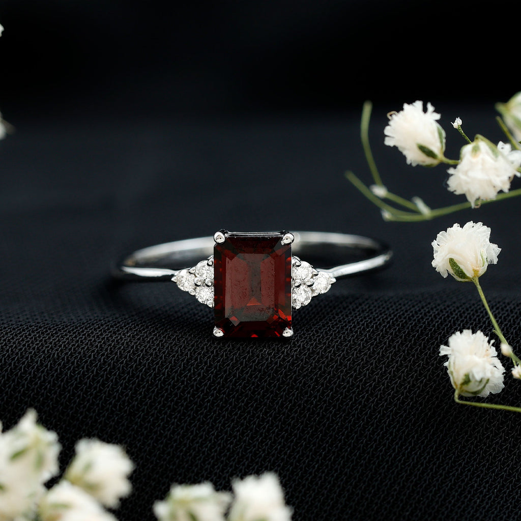 Natural Garnet Emerald Cut Engagement Ring with Diamond Trio