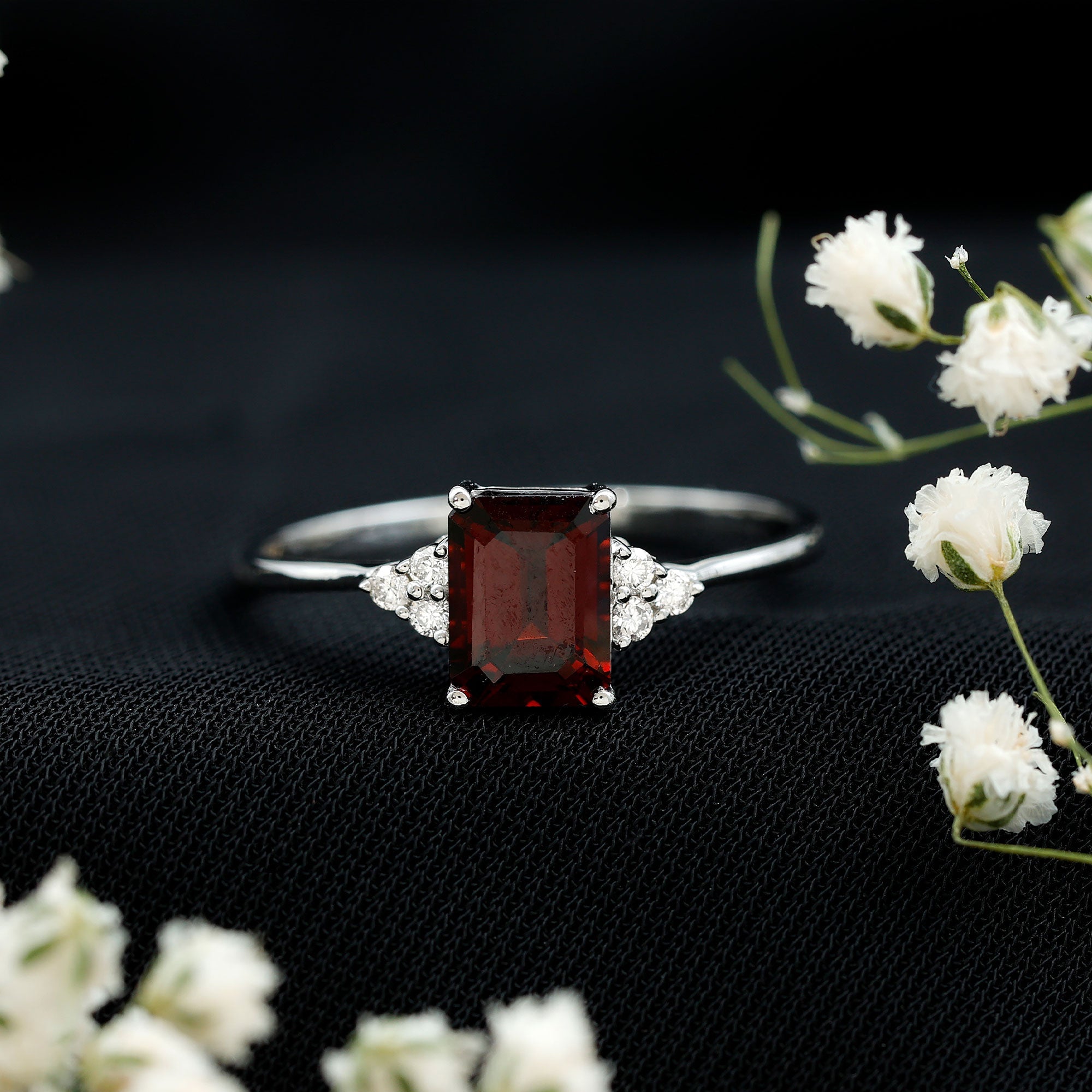 Natural Garnet Emerald Cut Engagement Ring with Diamond Trio