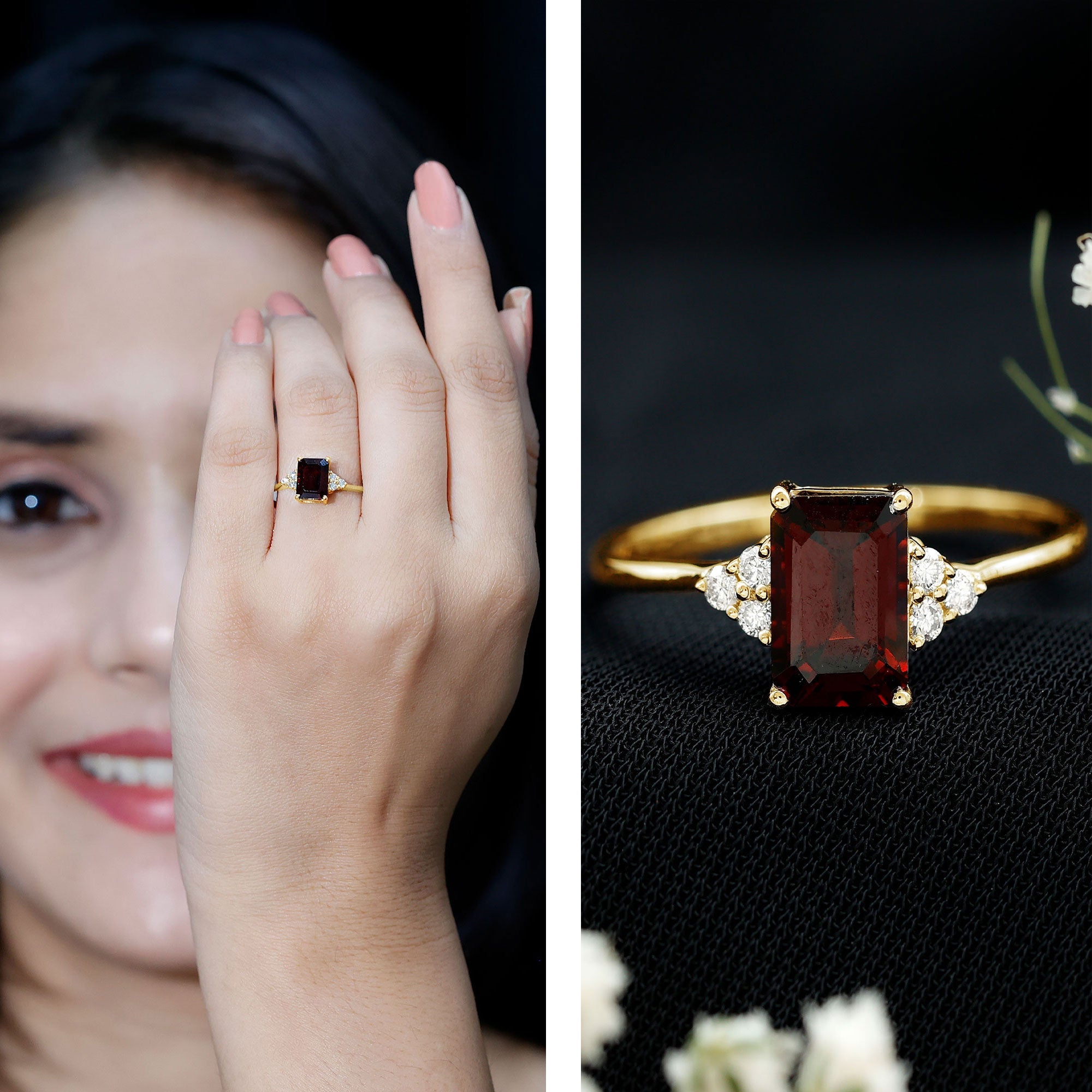 Natural Garnet Emerald Cut Engagement Ring with Diamond Trio