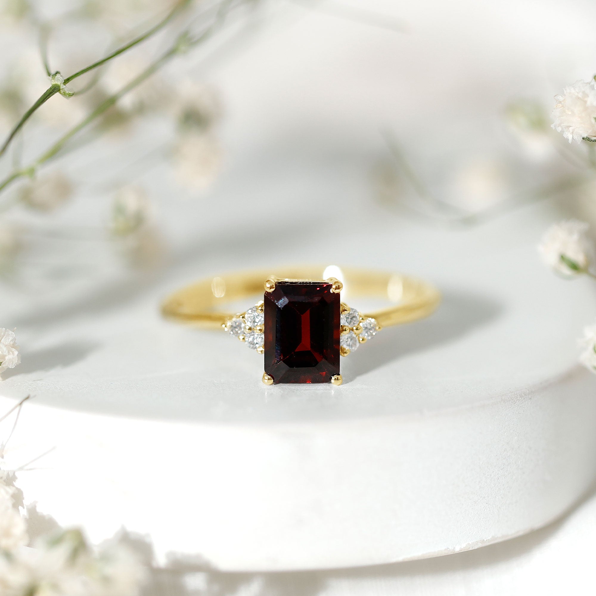 Natural Garnet Emerald Cut Engagement Ring with Diamond Trio