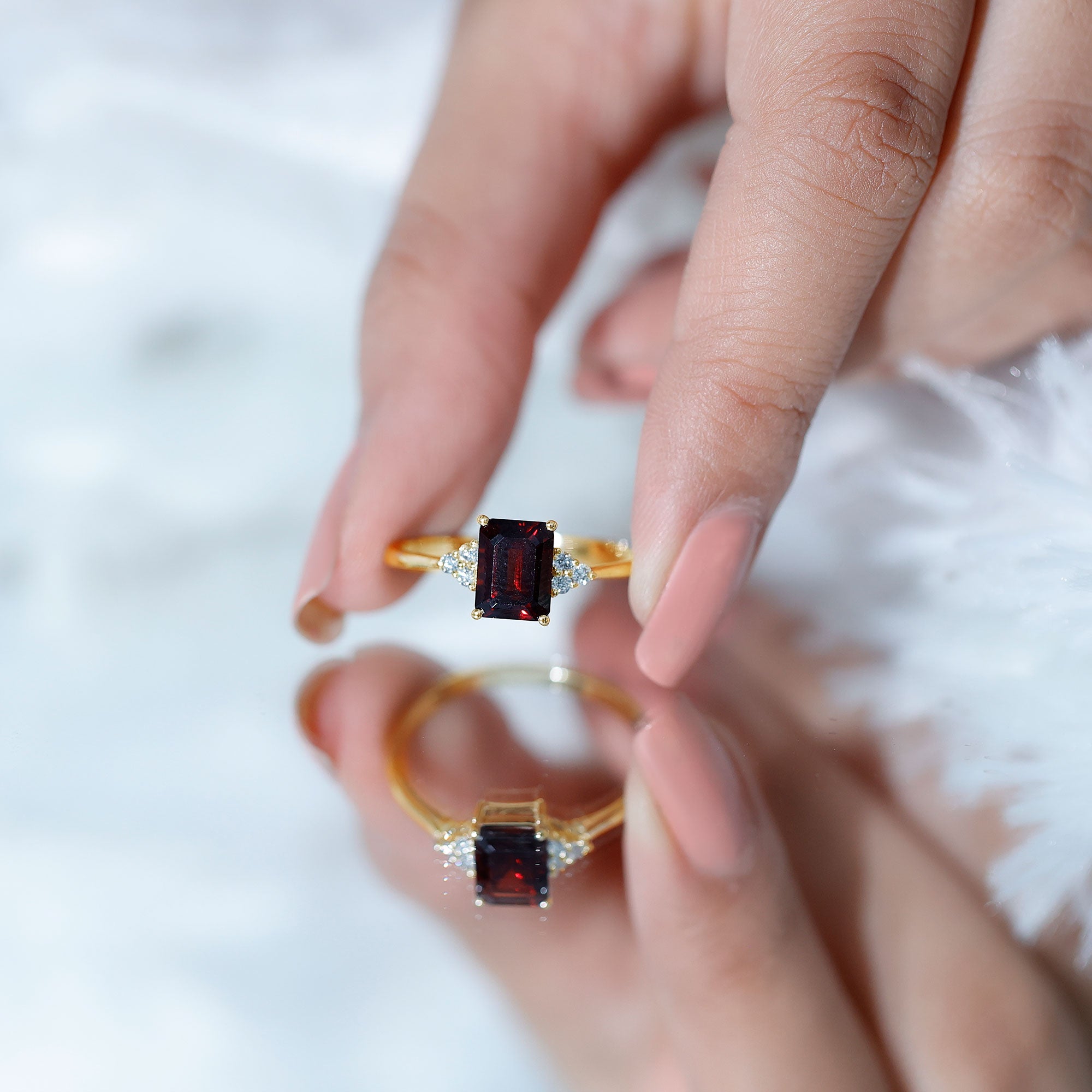 Natural Garnet Emerald Cut Engagement Ring with Diamond Trio