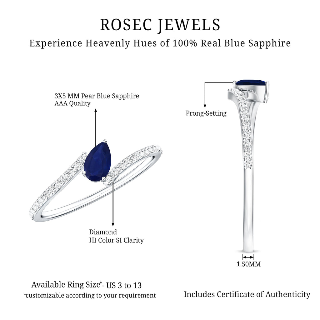 Tilted Pear Shaped Blue Sapphire Bypass Promise Ring with Diamond