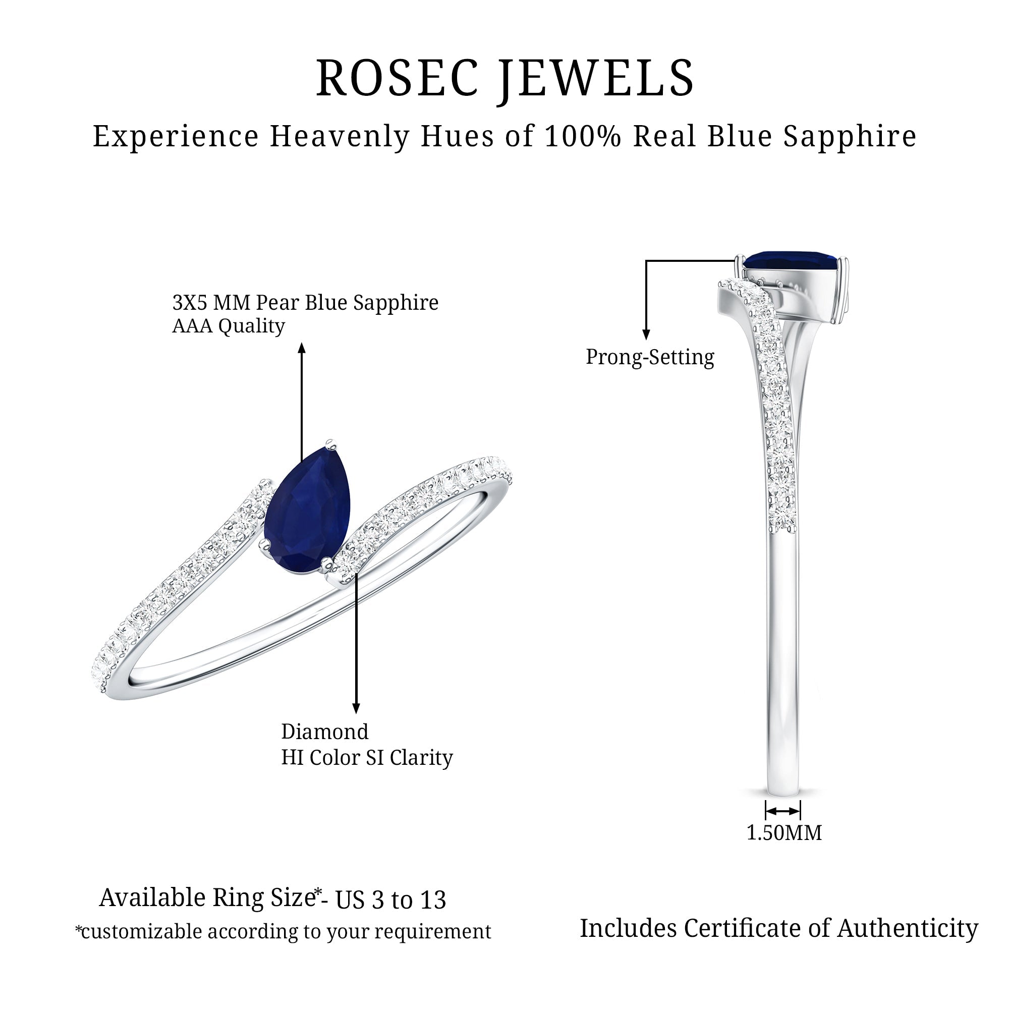 Tilted Pear Shaped Blue Sapphire Bypass Promise Ring with Diamond