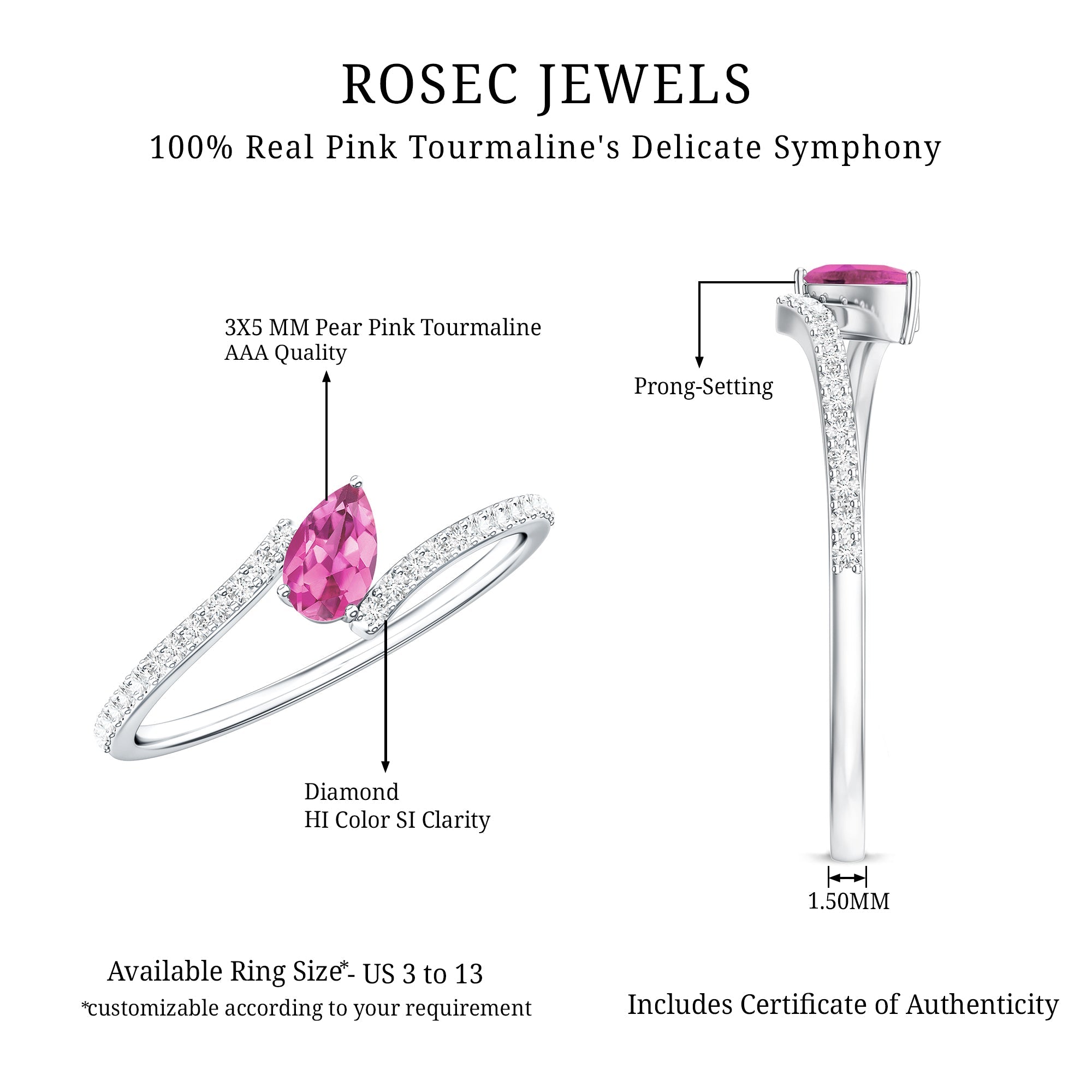 Tilted Pear Shape Pink Tourmaline and Diamond Bypass Promise Ring