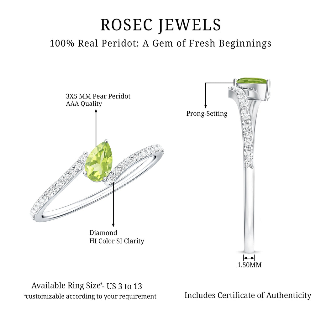 Natural Pear Shape Peridot Promise Ring with Bypass Diamond